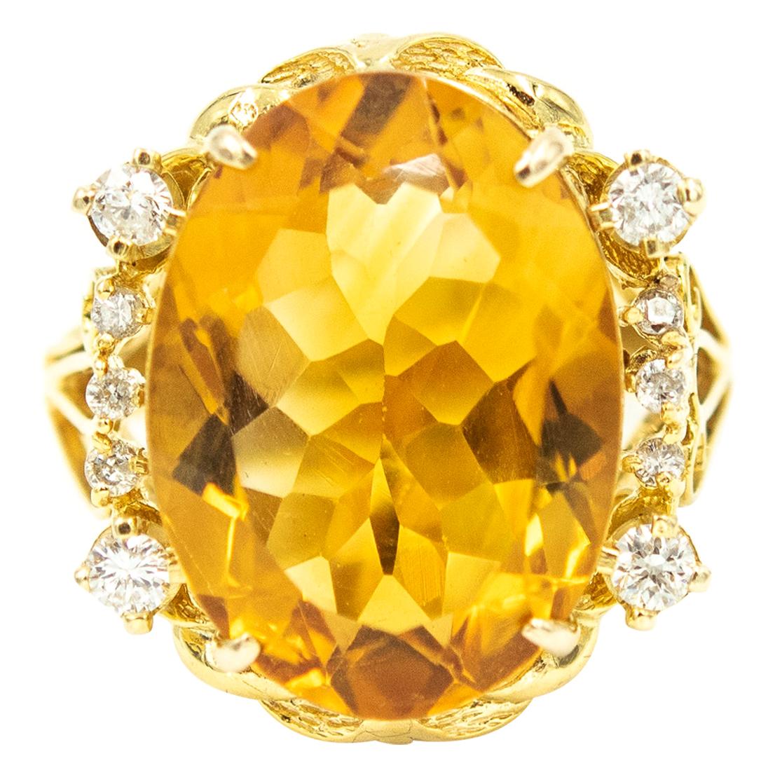 Oval Citrine and Diamond Yellow Gold Cocktail Ring For Sale