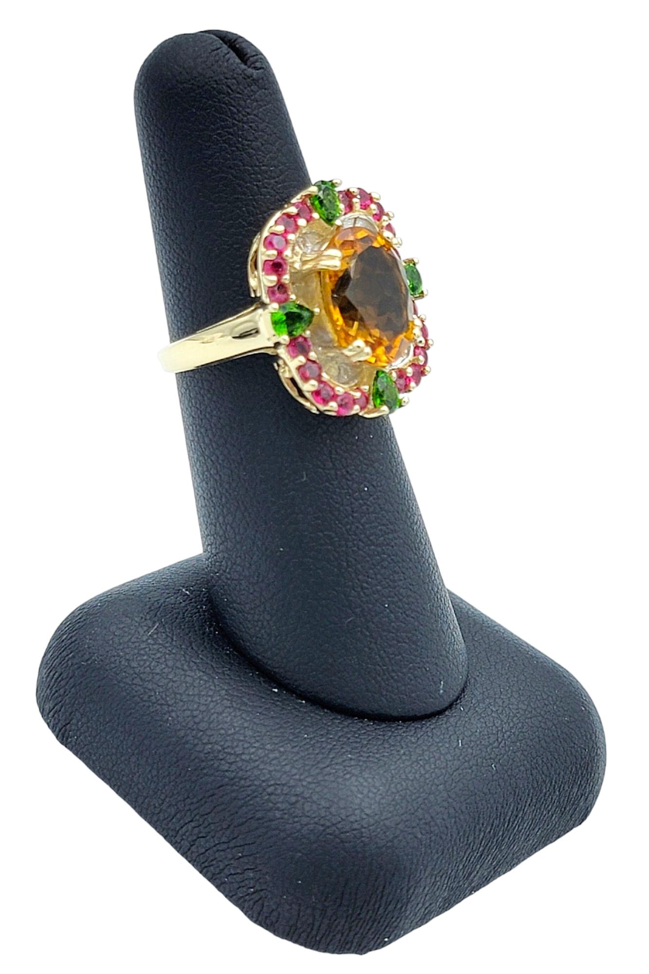 Oval Citrine Cocktail Ring with Rubies and Peridots in 14 Karat Yellow Gold For Sale 4