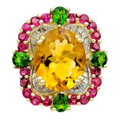 Oval Citrine Cocktail Ring with Rubies and Peridots in 14 Karat Yellow Gold