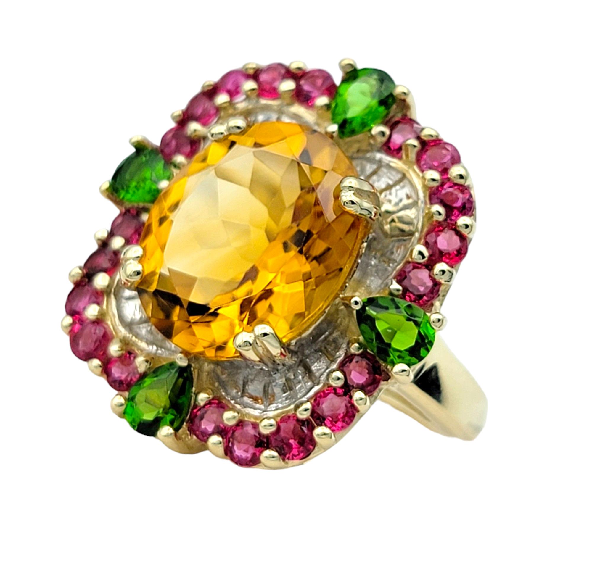 Contemporary Oval Citrine Cocktail Ring with Rubies and Peridots in 14 Karat Yellow Gold For Sale
