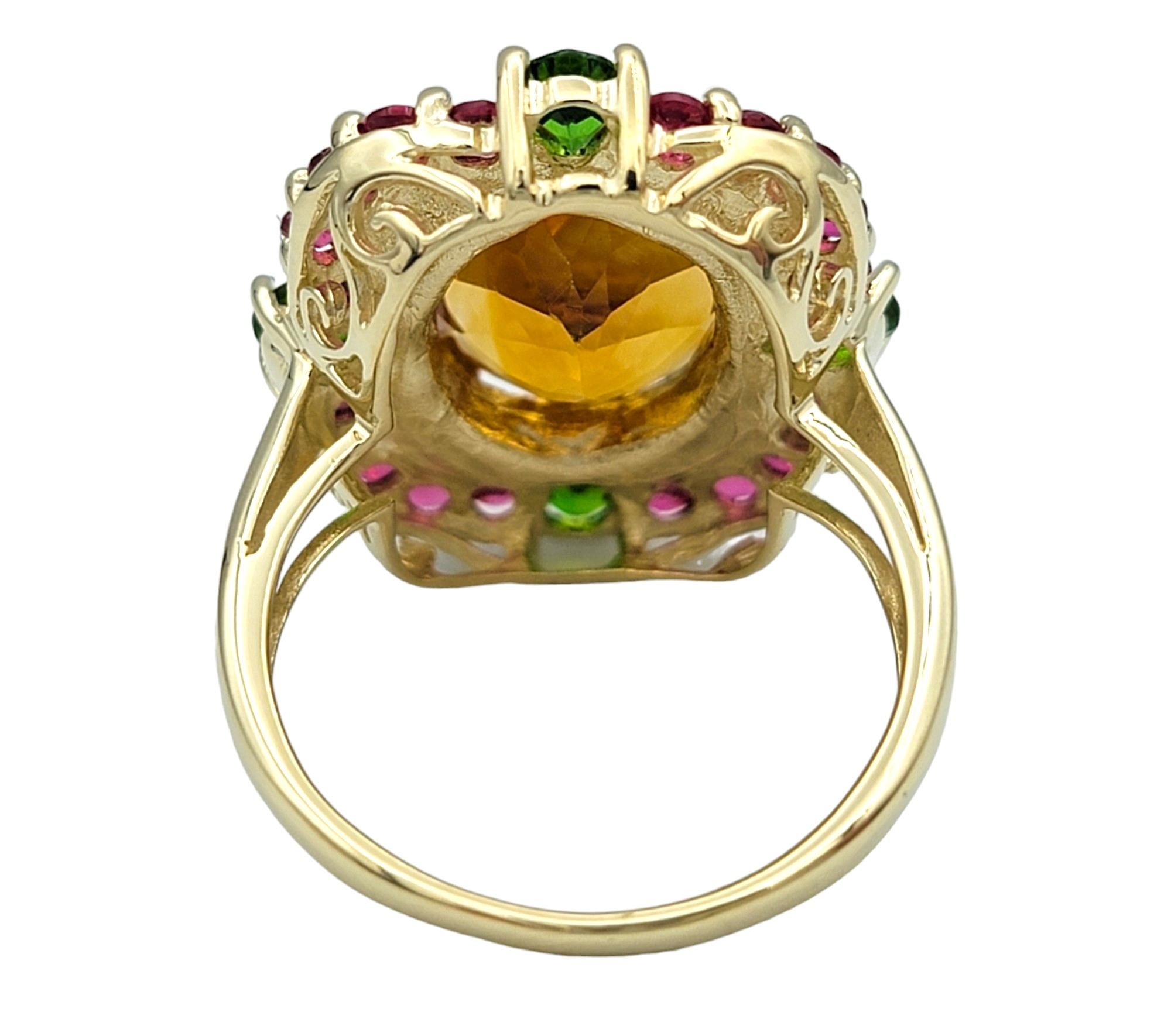 Oval Citrine Cocktail Ring with Rubies and Peridots in 14 Karat Yellow Gold In Good Condition For Sale In Scottsdale, AZ