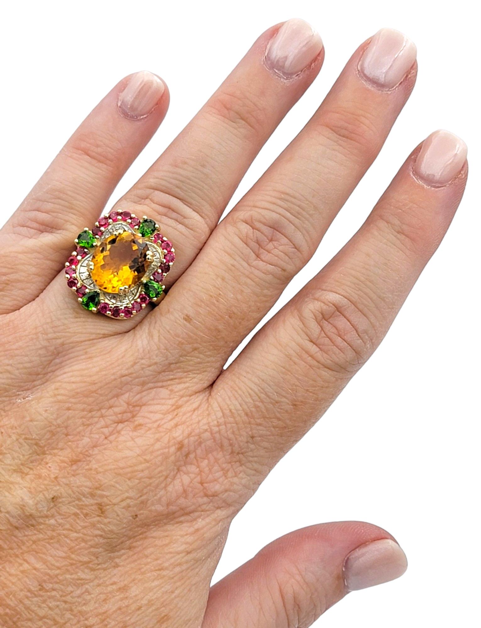 Oval Citrine Cocktail Ring with Rubies and Peridots in 14 Karat Yellow Gold For Sale 1