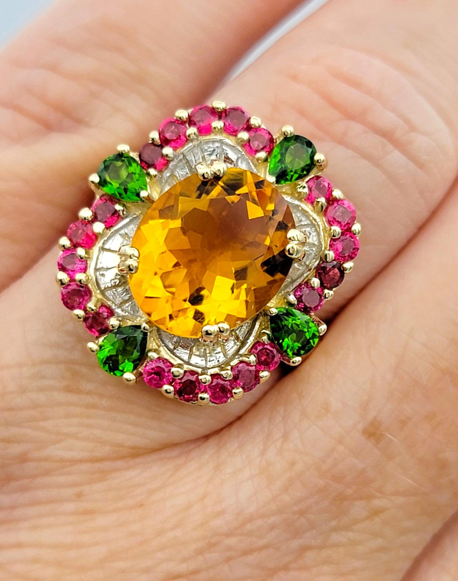 Oval Citrine Cocktail Ring with Rubies and Peridots in 14 Karat Yellow Gold For Sale 2