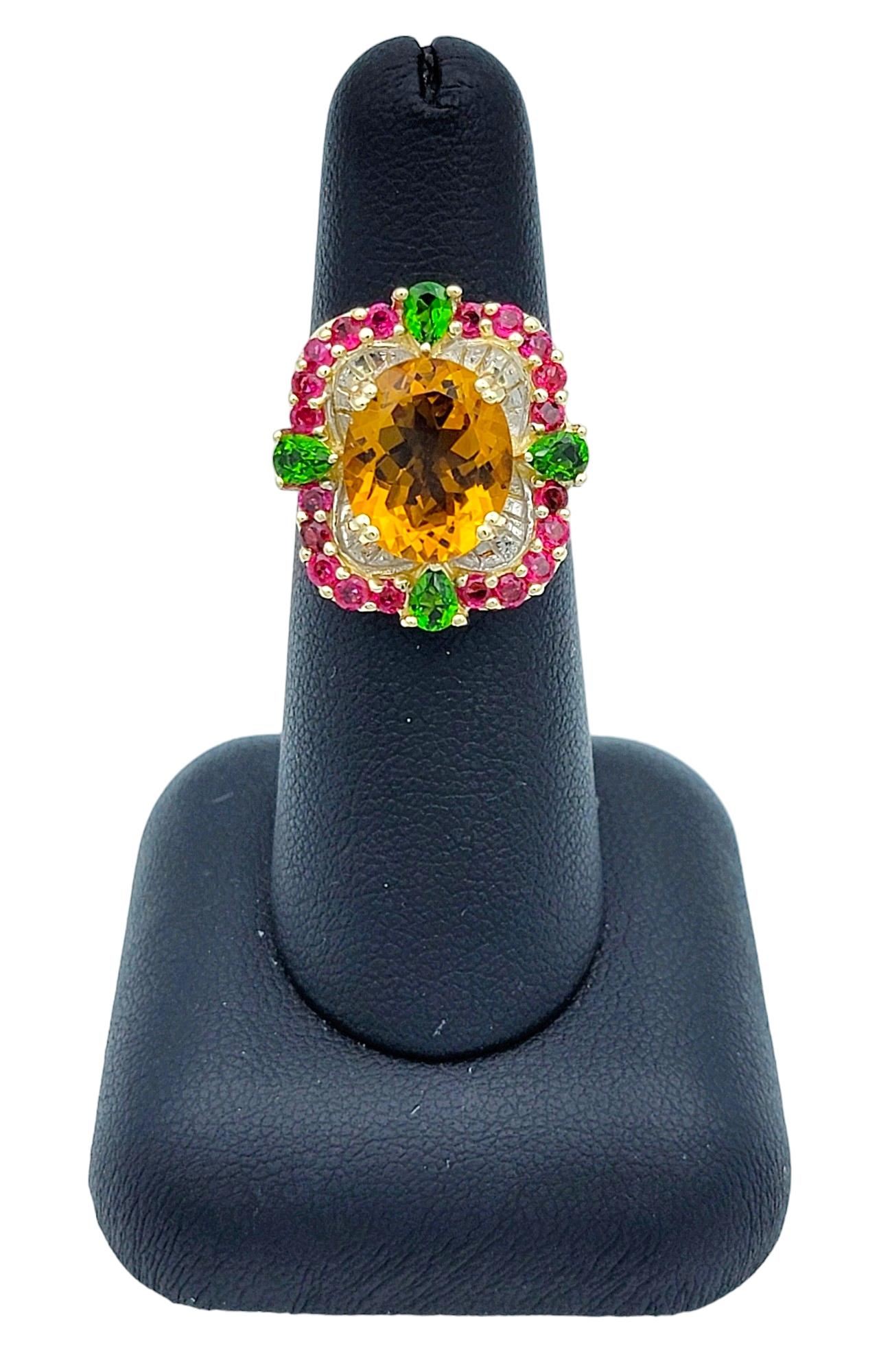 Oval Citrine Cocktail Ring with Rubies and Peridots in 14 Karat Yellow Gold For Sale 3