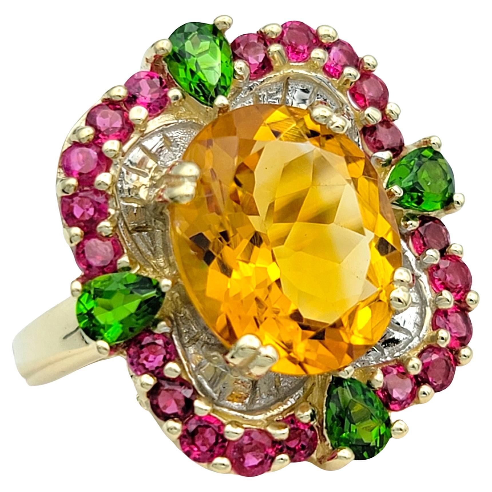 Oval Citrine Cocktail Ring with Rubies and Peridots in 14 Karat Yellow Gold For Sale