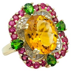 Oval Citrine Cocktail Ring with Rubies and Peridots in 14 Karat Yellow Gold
