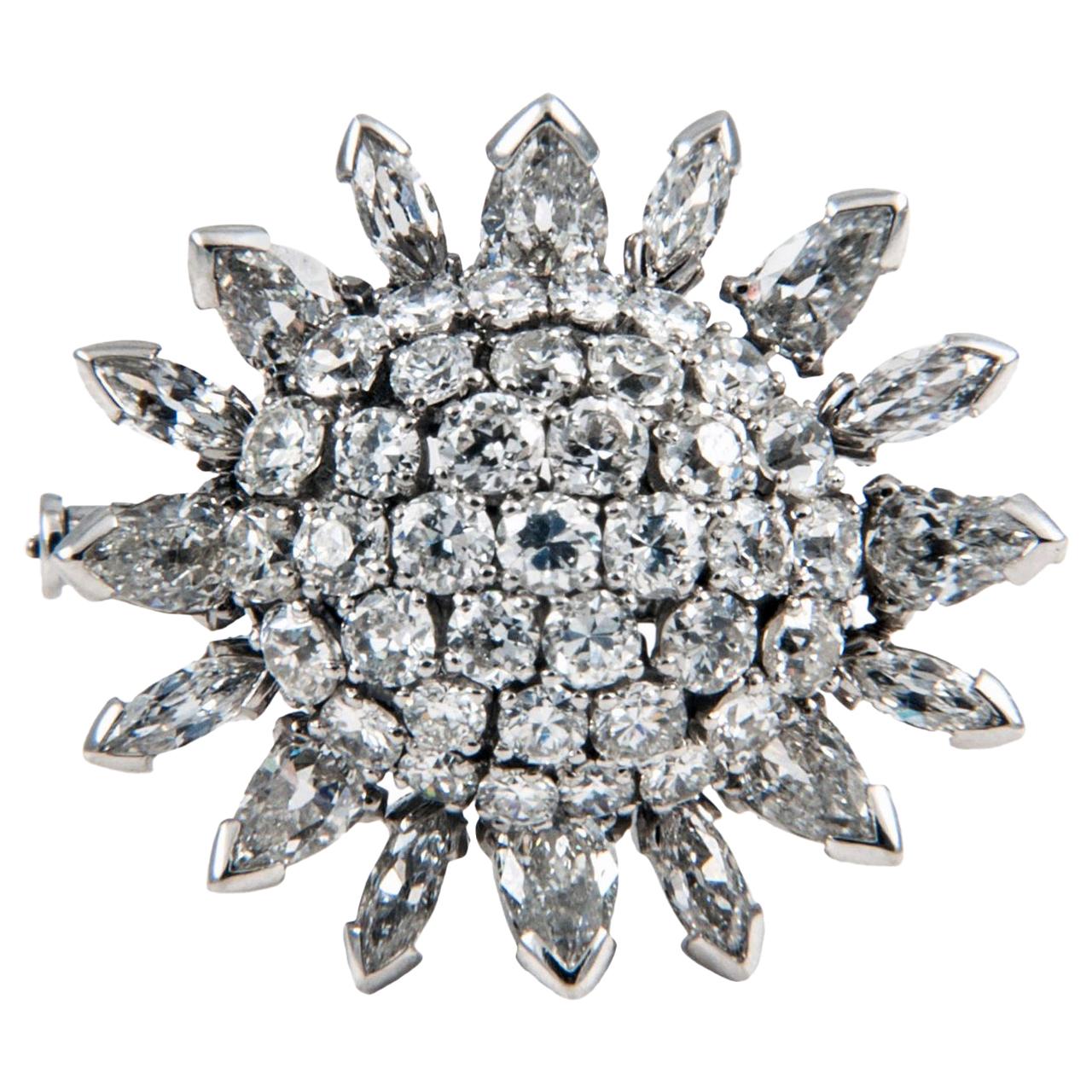Vintage Platinum Brooch Marquise & Pear Shaped Diamonds, French circa 1960 For Sale