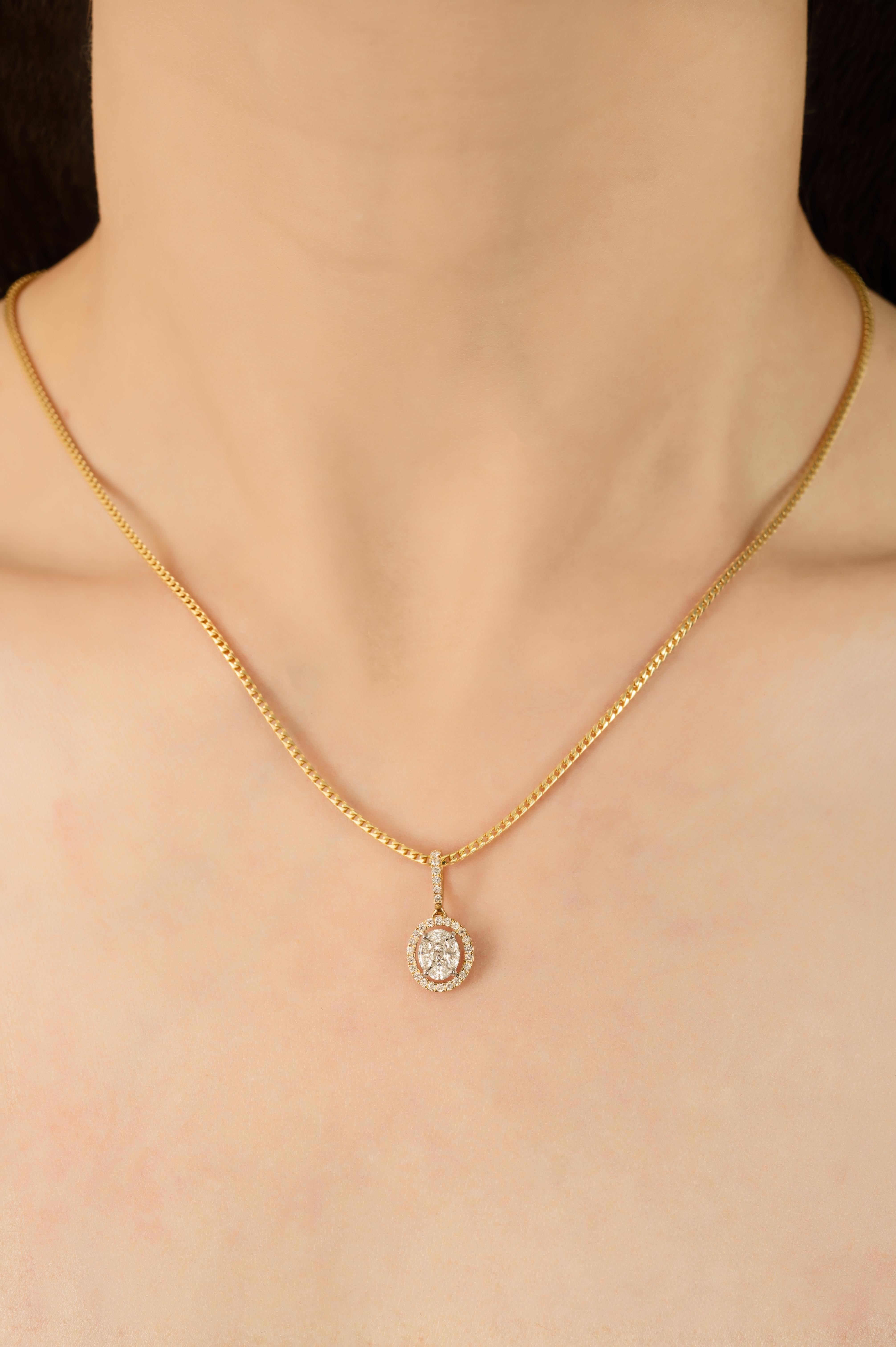 Pendentif en or jaune 14K avec halo de diamants ovales en grappe Diamants ronds et brillants en vente 2
