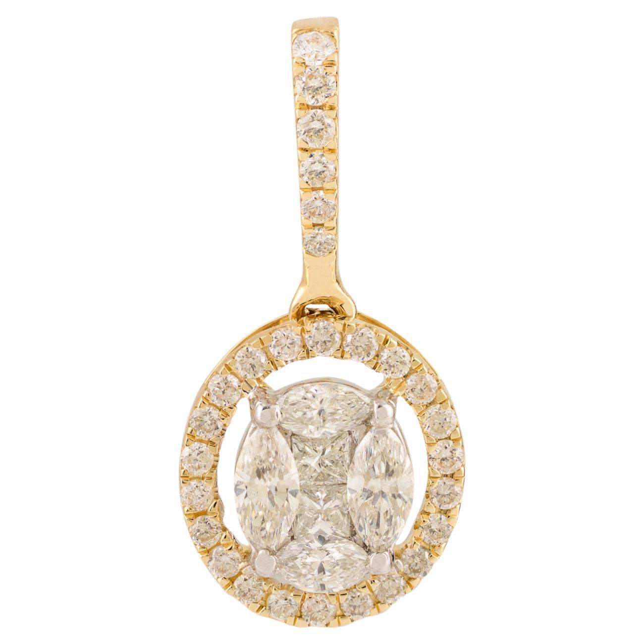 Pendentif en or jaune 14K avec halo de diamants ovales en grappe Diamants ronds et brillants
