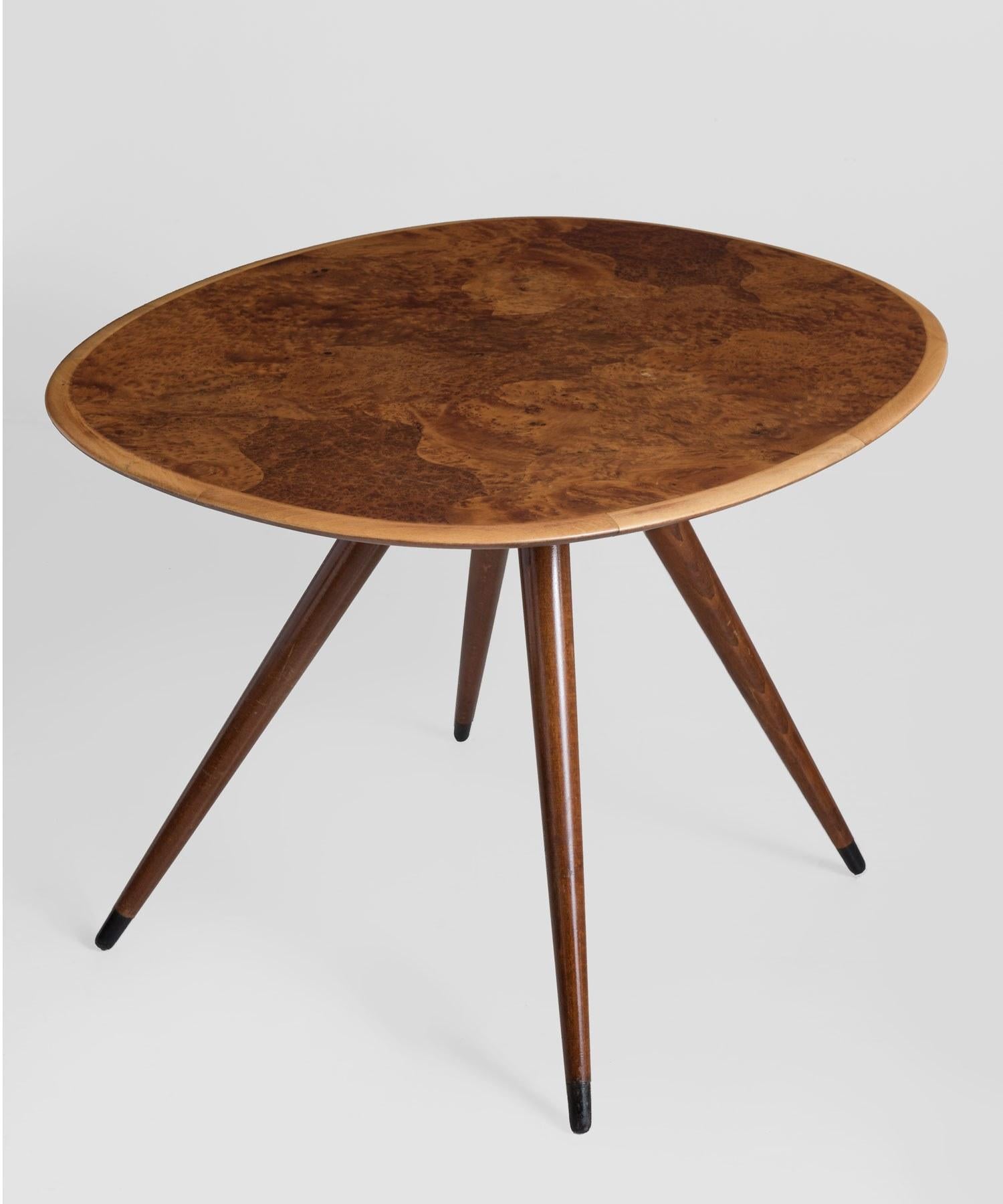 Oval coffee table by David Rosen, Denmark, circa 1960, modern low table from burr wood.