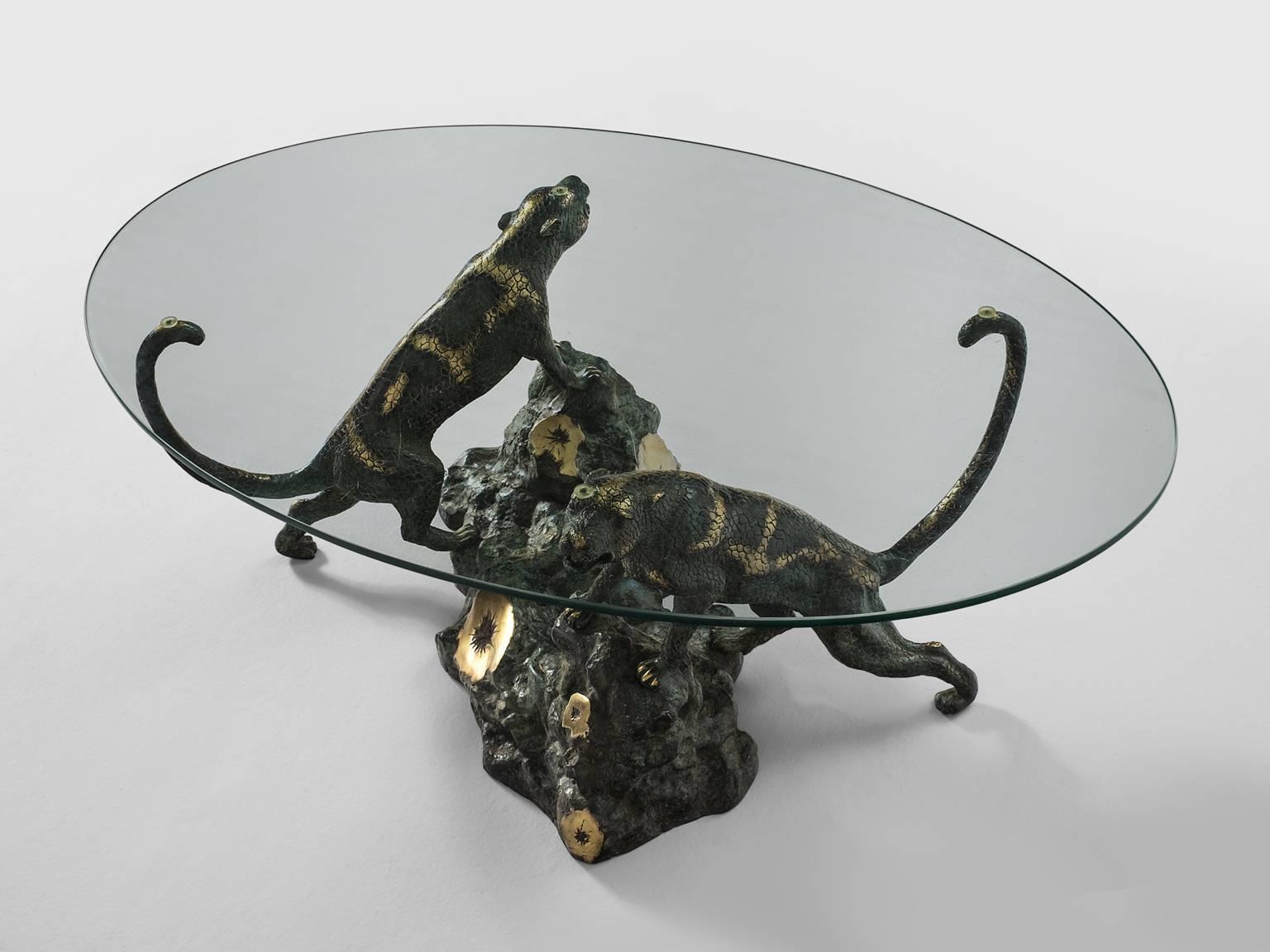 Belgian Oval Coffee Table in Cast Bronze and Glass, Belgium, 1960s