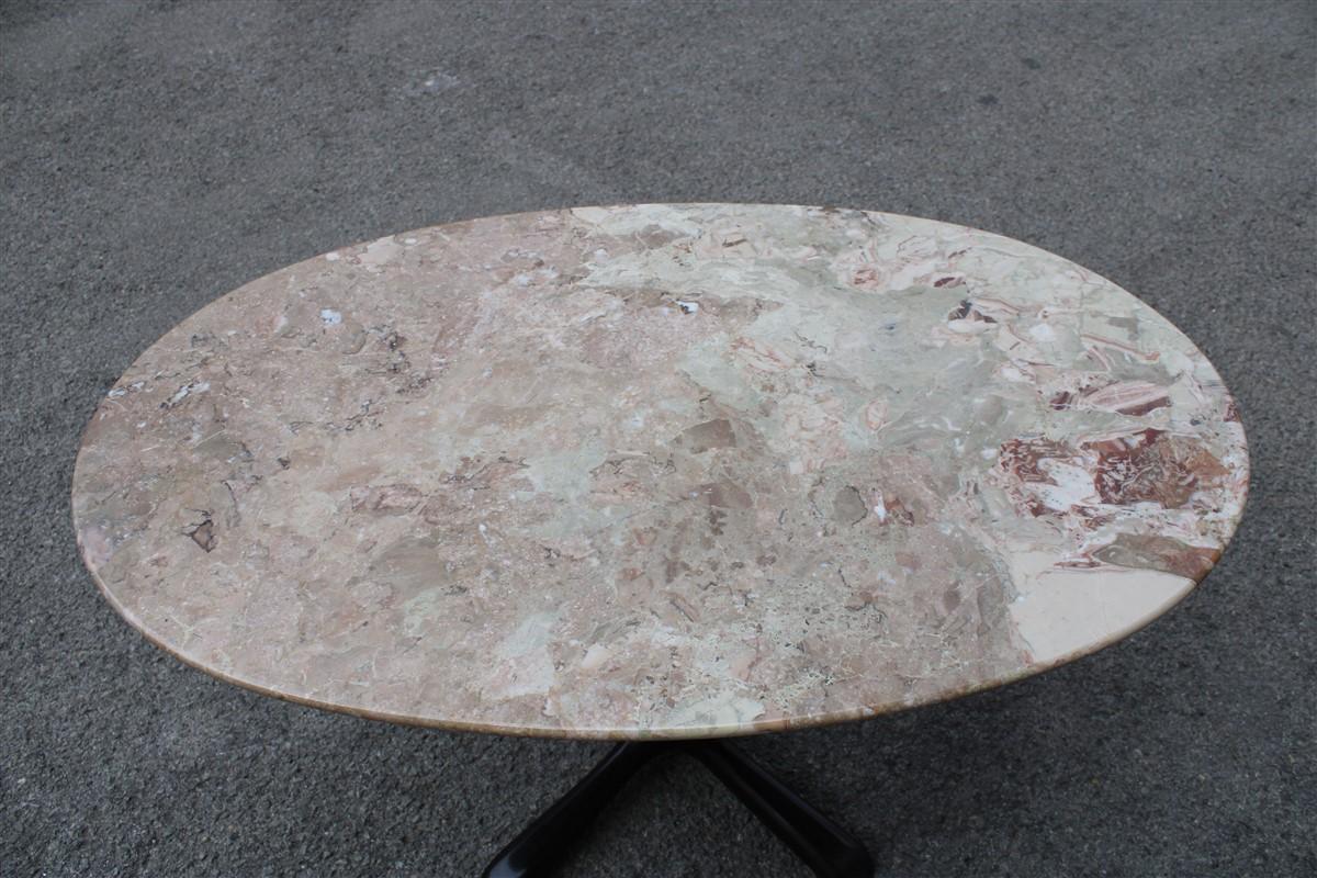 Oval Coffee Table in Midcentury Italian Design Mahogany Brass 1950 Marble Top In Good Condition In Palermo, Sicily