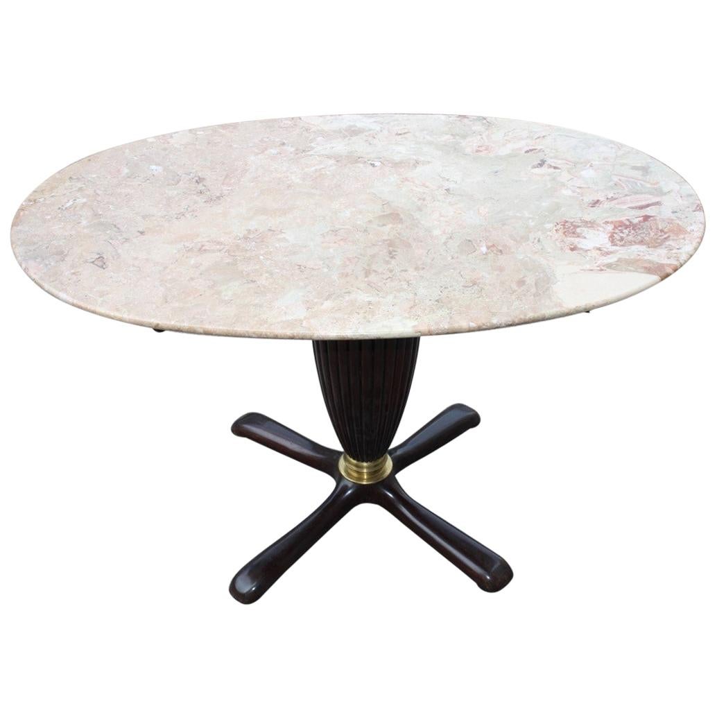 Oval Coffee Table in Midcentury Italian Design Mahogany Brass 1950 Marble Top