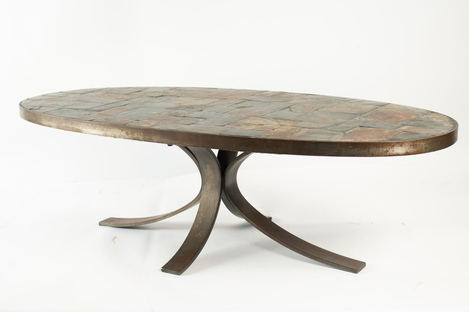 Mid-20th Century Oval Coffee Table in Wrought Iron and Stone from the Ardoise Mid-Century Modern