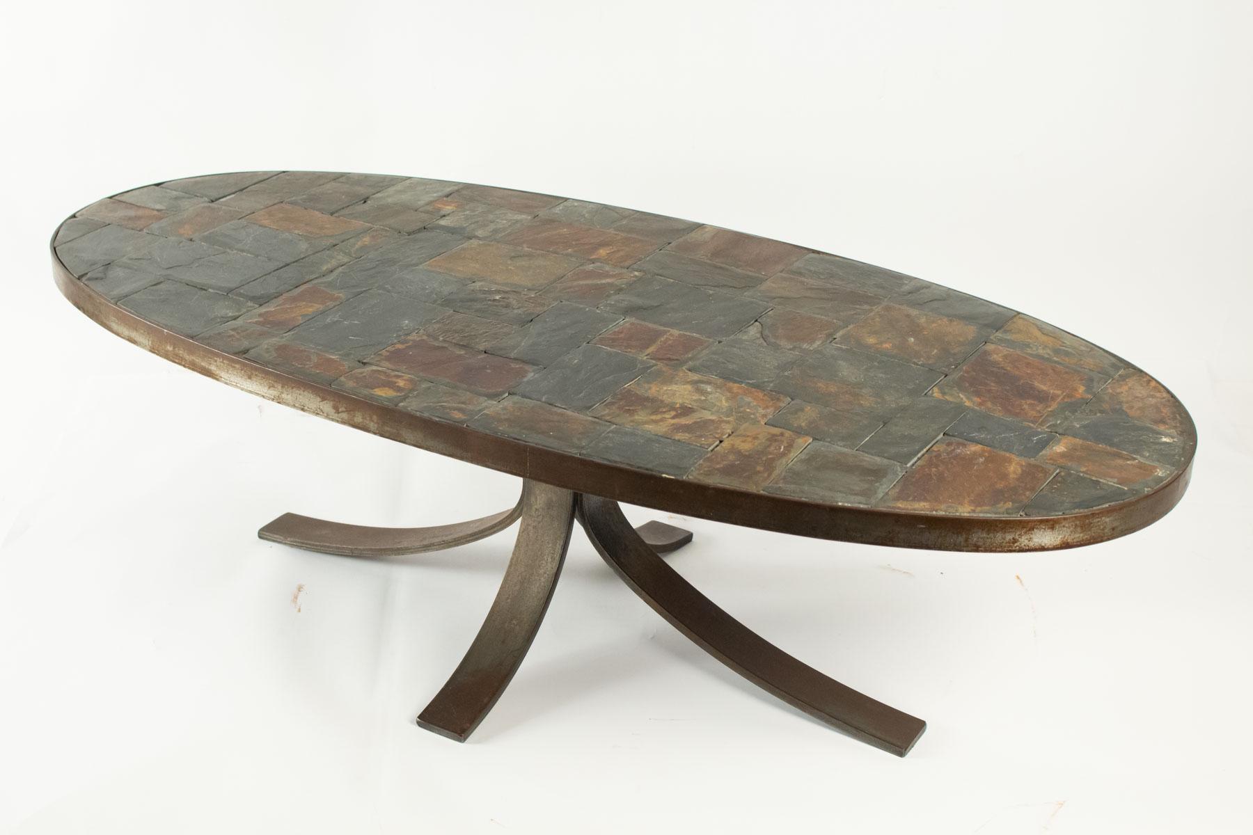 Oval Coffee Table in Wrought Iron and Stone from the Ardoise Mid-Century Modern 1