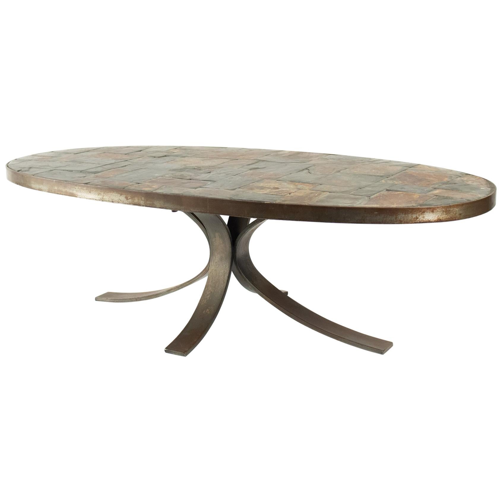 Oval Coffee Table in Wrought Iron and Stone from the Ardoise Mid-Century Modern