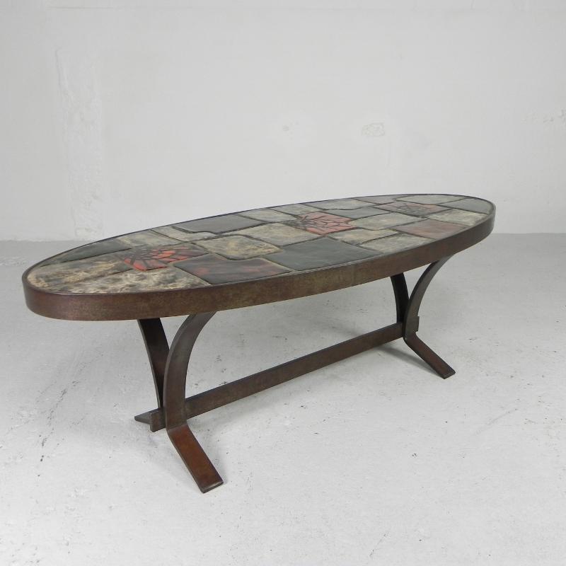 French Oval coffee table, tile table, 1970s For Sale