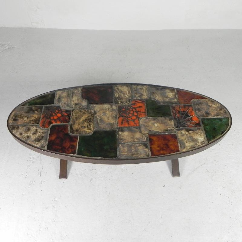 Ceramic Oval coffee table, tile table, 1970s For Sale
