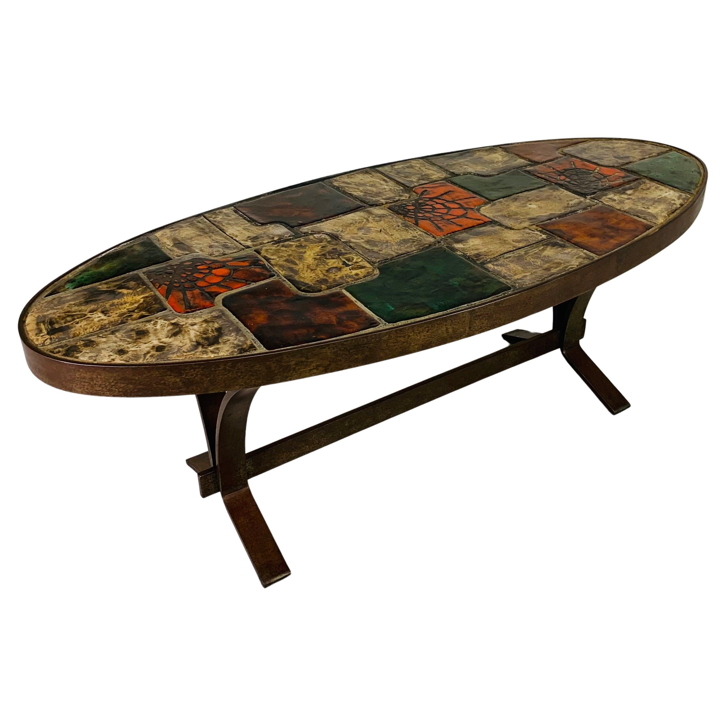 Oval coffee table, tile table, 1970s For Sale