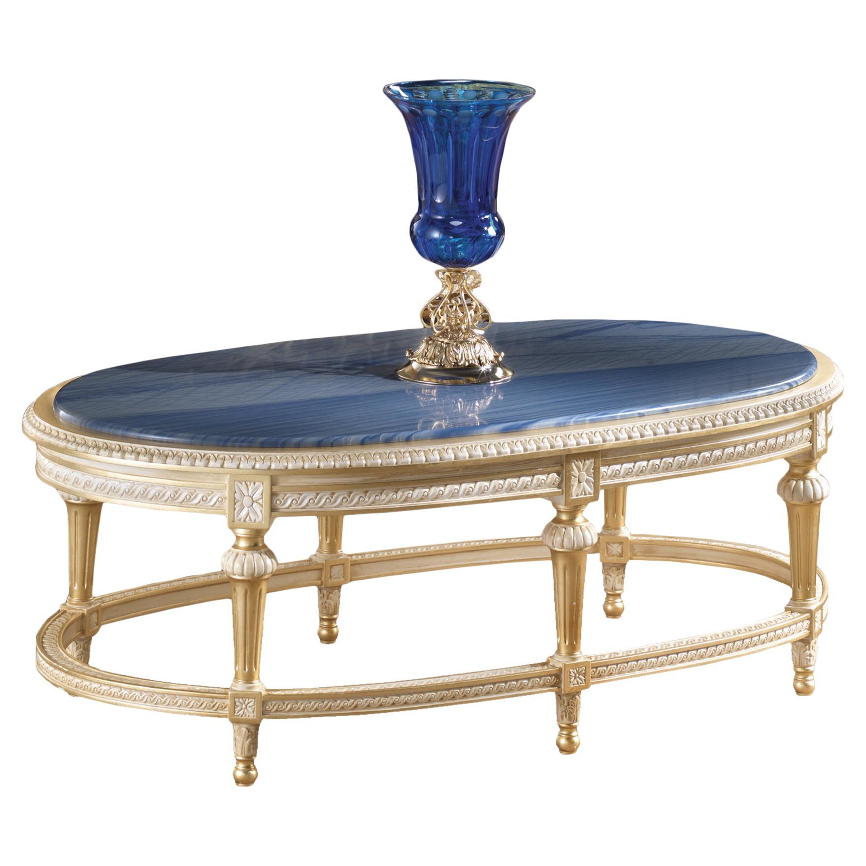Oval Coffee Table with Azul Marble Top and Luxury Gold Leaf by Modenese For Sale