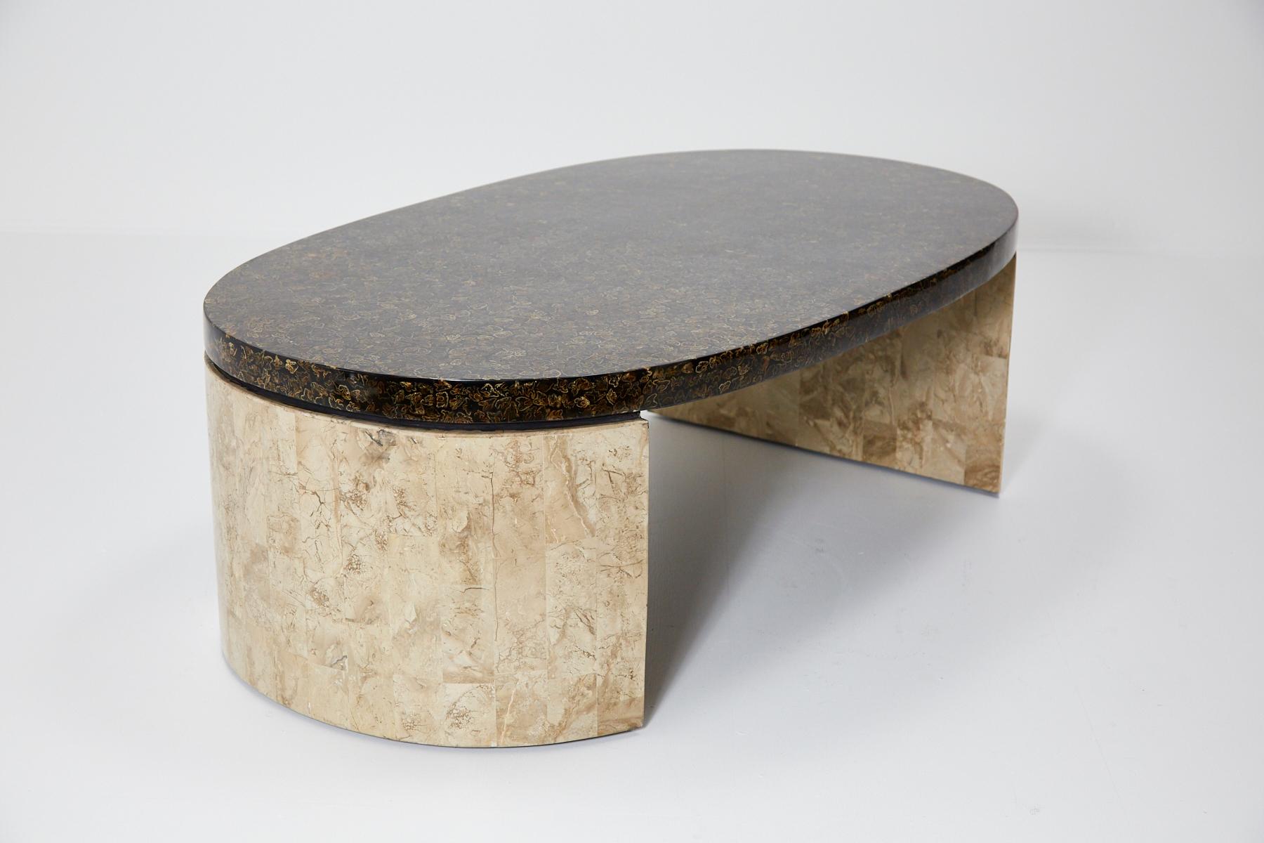 Post-Modern Oval Coffee Table with Natural Inlay Top and Tessellated Stone Base, 1990s