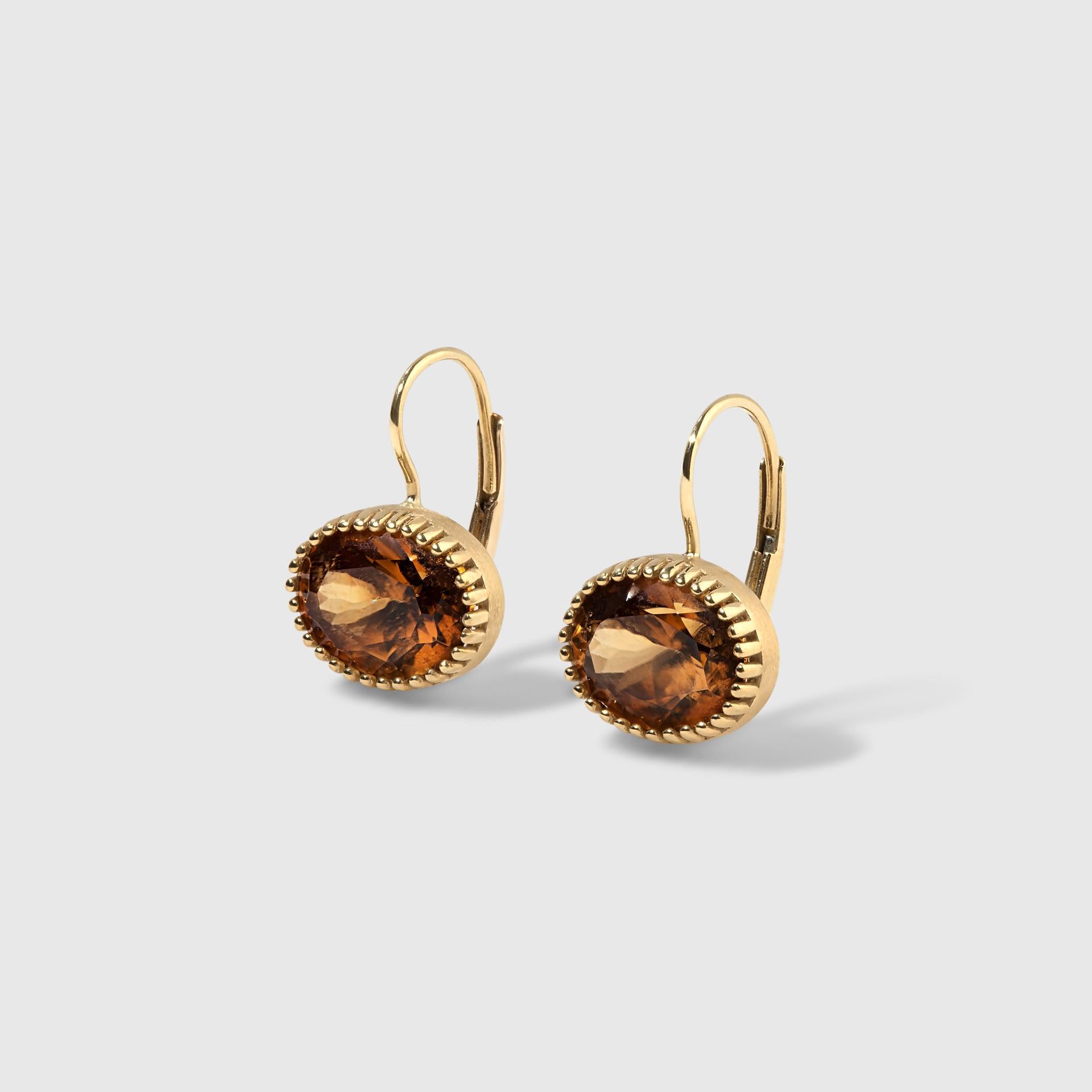 Women's or Men's Oval Cognac Zircon Earrings, 18kt Gold by Ashley Childs, Contemporary Jewelry For Sale
