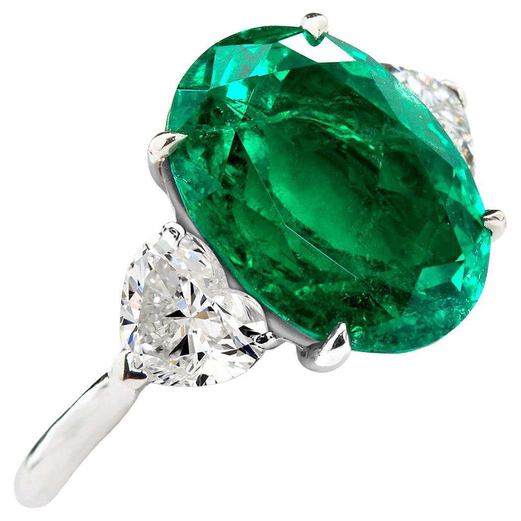 Oval Colombian Emerald Diamond Hearts Engagement Ring 6.60 Carat