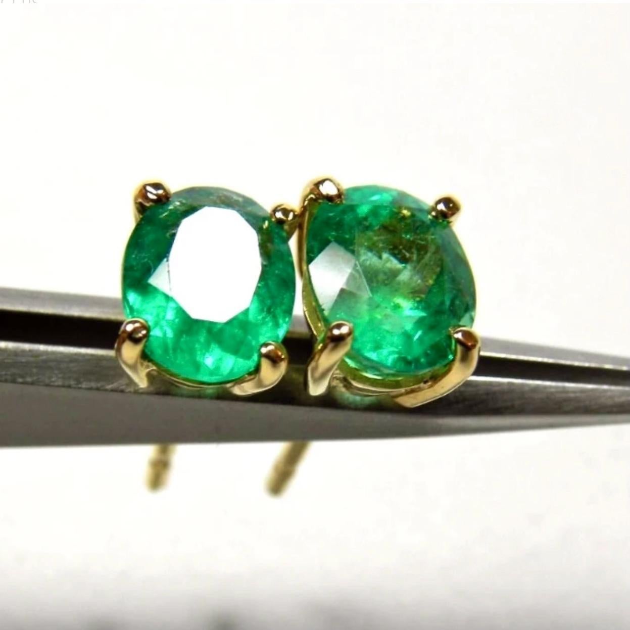 These stunning Colombian emerald Stud earrings have been crafted in 18K yellow gold.
Shape or Cut Emeralds: Oval Cut
Average Color/Clarity : Beautiful Medium Green/ Clarity, VS
Total Weight Emeralds: Approx. 1.50Carats (2 emeralds)
Total Gemstones