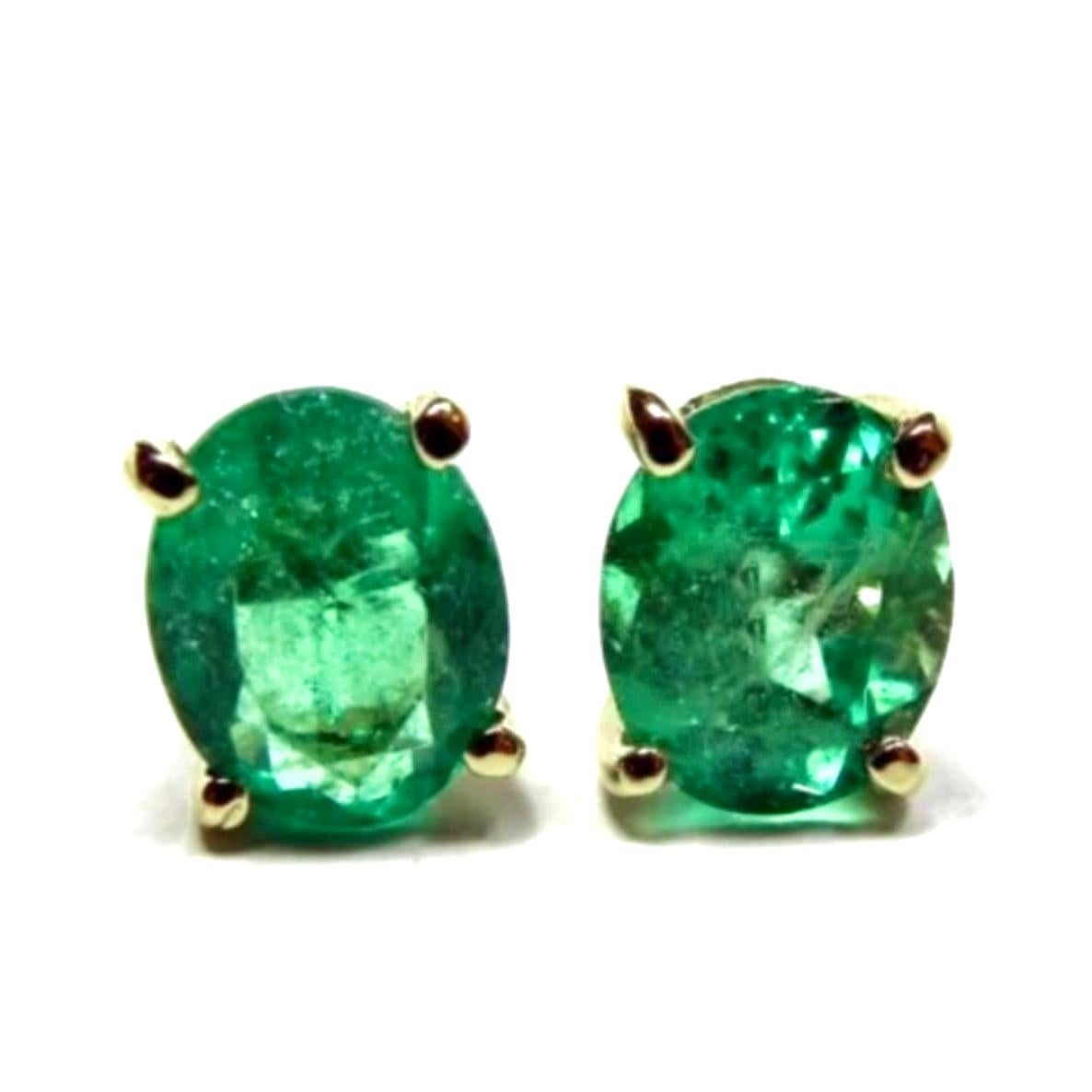 Art Deco Oval 1.50 Carat Colombian Emerald Stud Earrings 18K For Sale