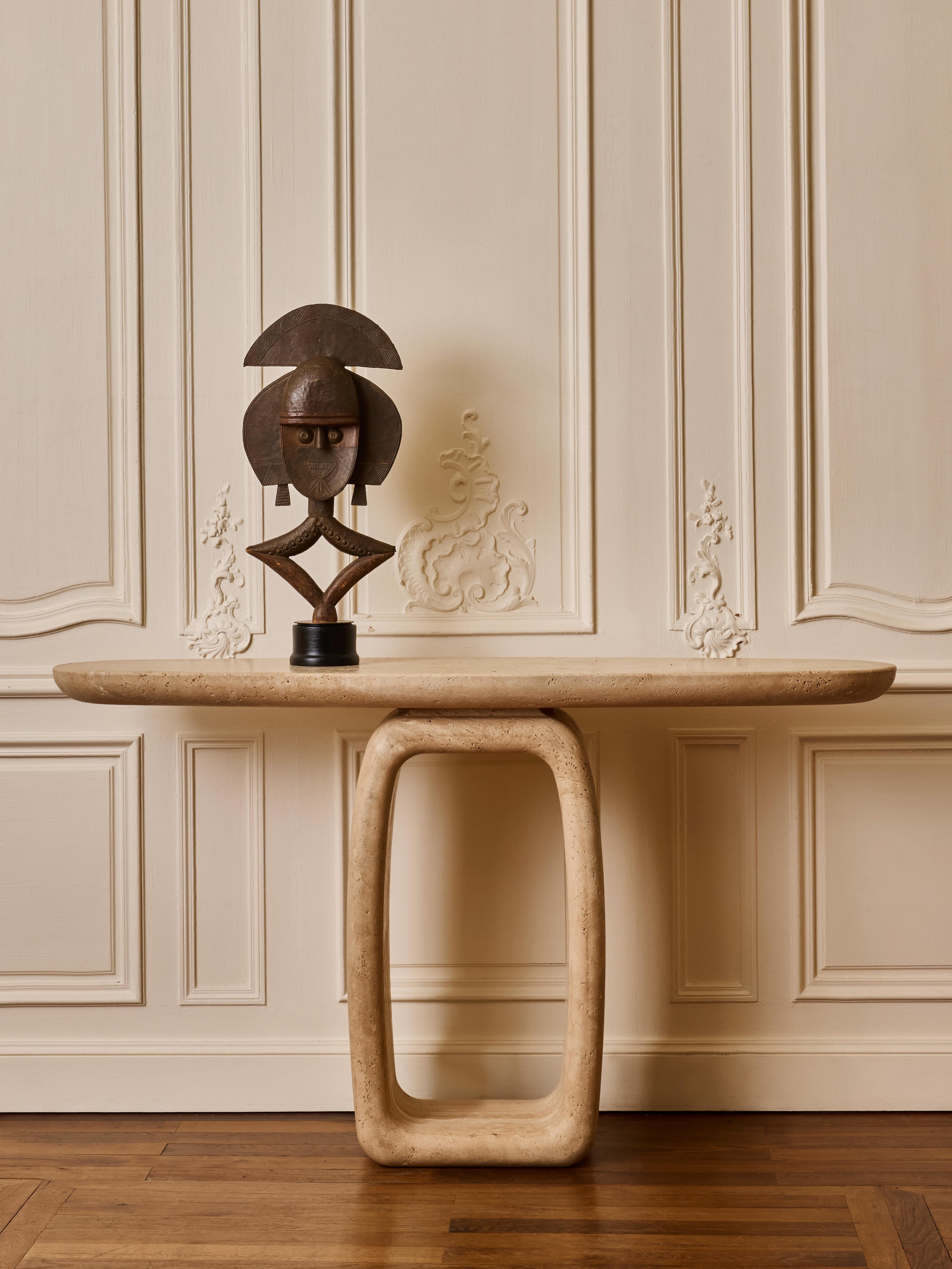 Travertine Oval console in travertine stone For Sale