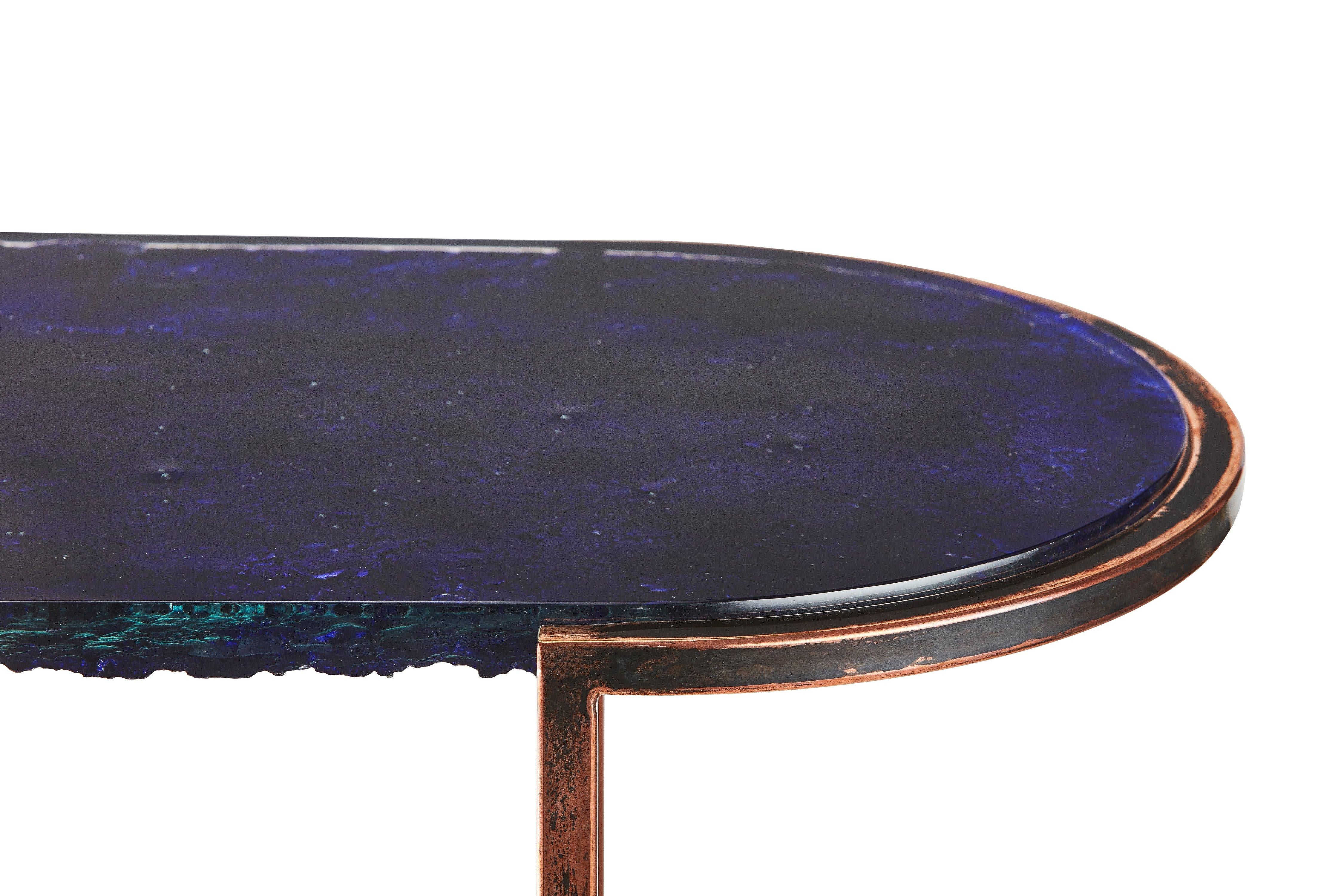 Modern Oval Console with Blue Art Glass Top and Patined Copper Legs, Available Now For Sale