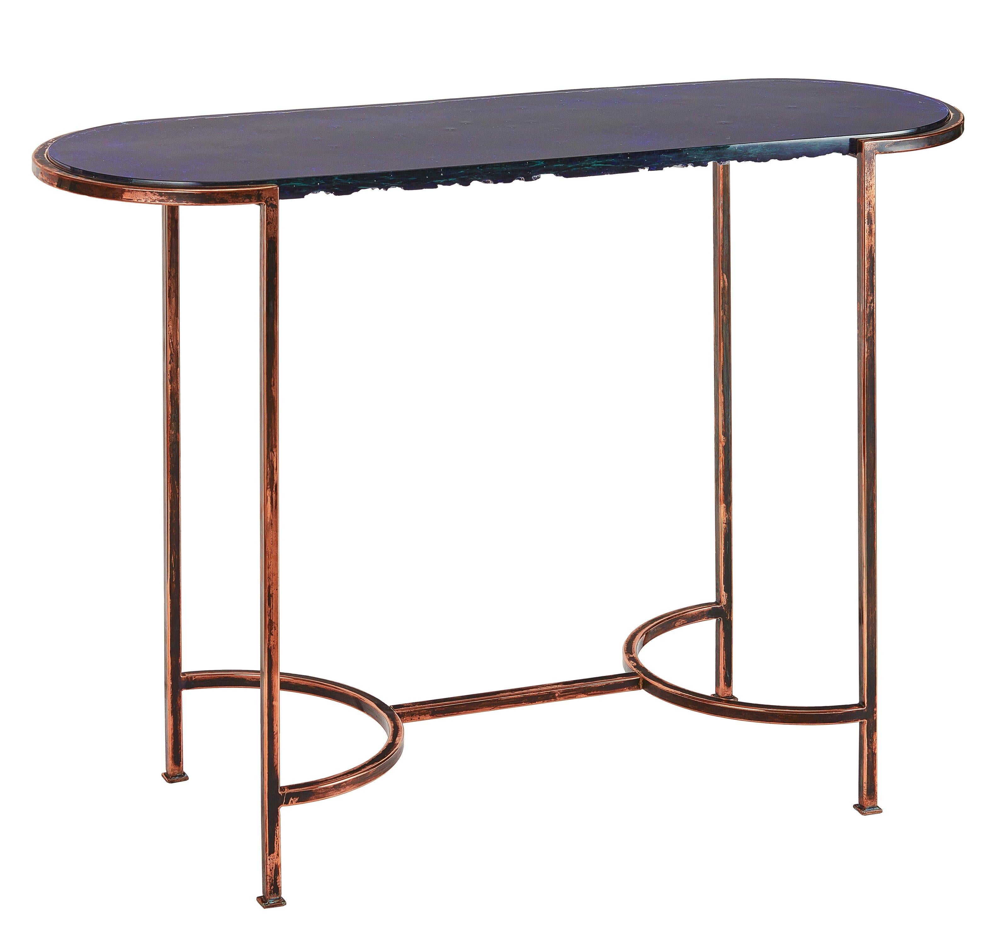 Polish Oval Console with Blue Art Glass Top and Patined Copper Legs, Available Now For Sale