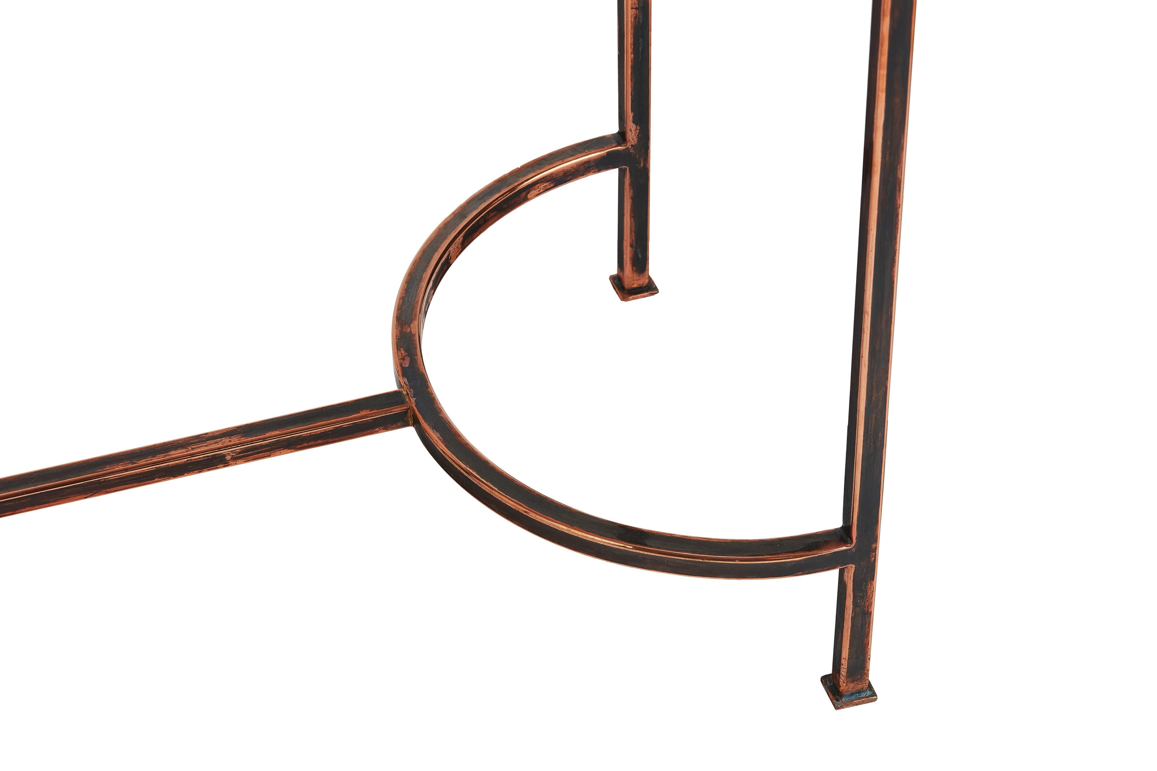 Cast Oval Console with Blue Art Glass Top and Patined Copper Legs, Available Now For Sale