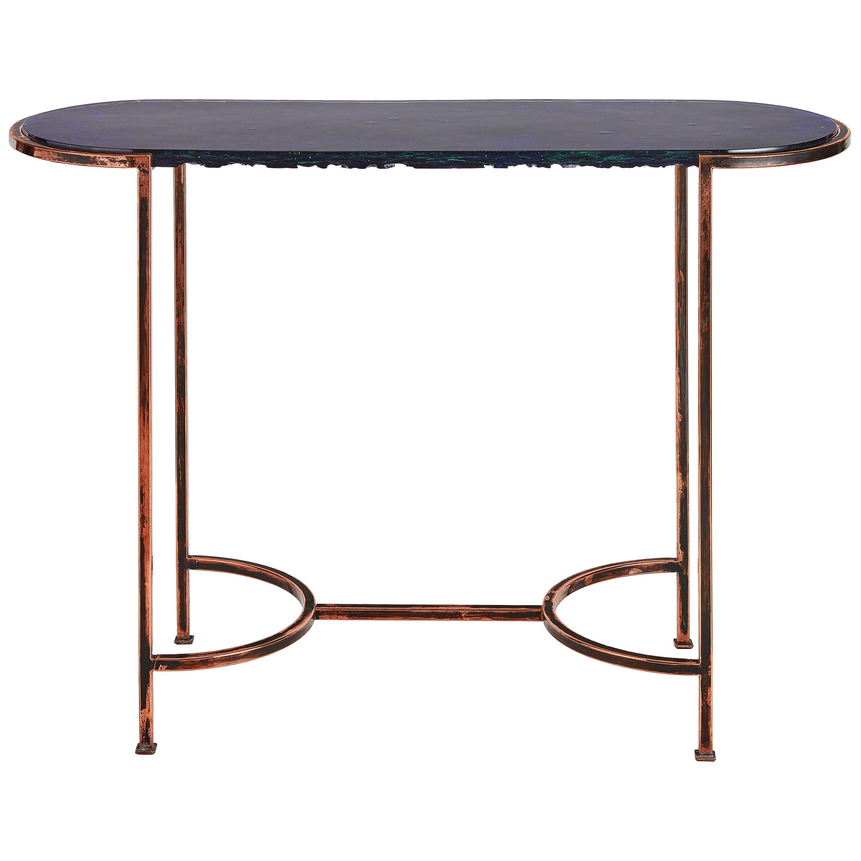 Oval Console with Blue Art Glass Top and Patined Copper Legs, Available Now For Sale