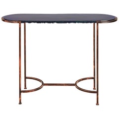 Oval Console with Blue Art Glass Top and Patined Copper Legs, Available Now