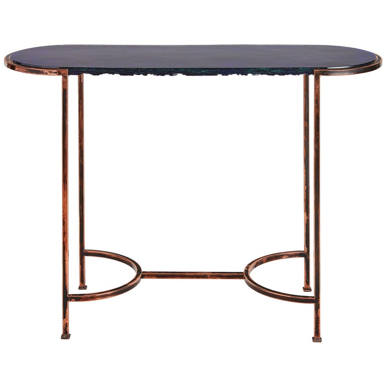Oval Console with Blue Art Glass Top and Patined Copper Legs, Available
