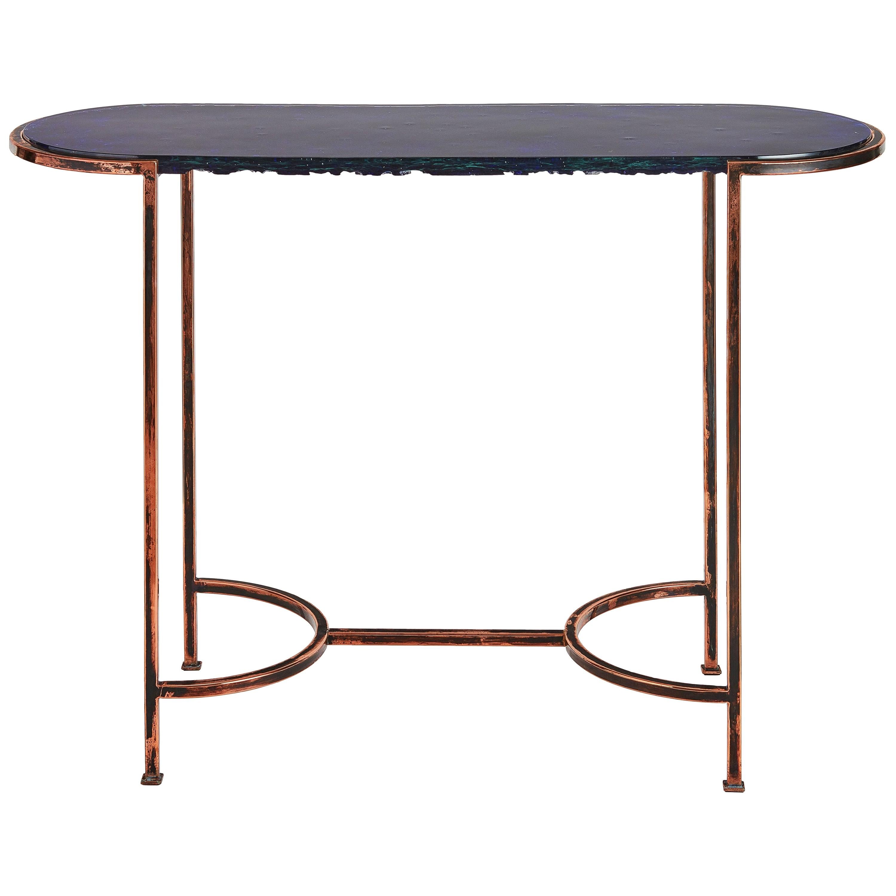 Oval Console with Blue Art Glass Top and Patined Copper Legs, Customizable For Sale