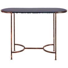 Oval Console with Blue Art Glass Top and Patined Copper Legs, Customizable