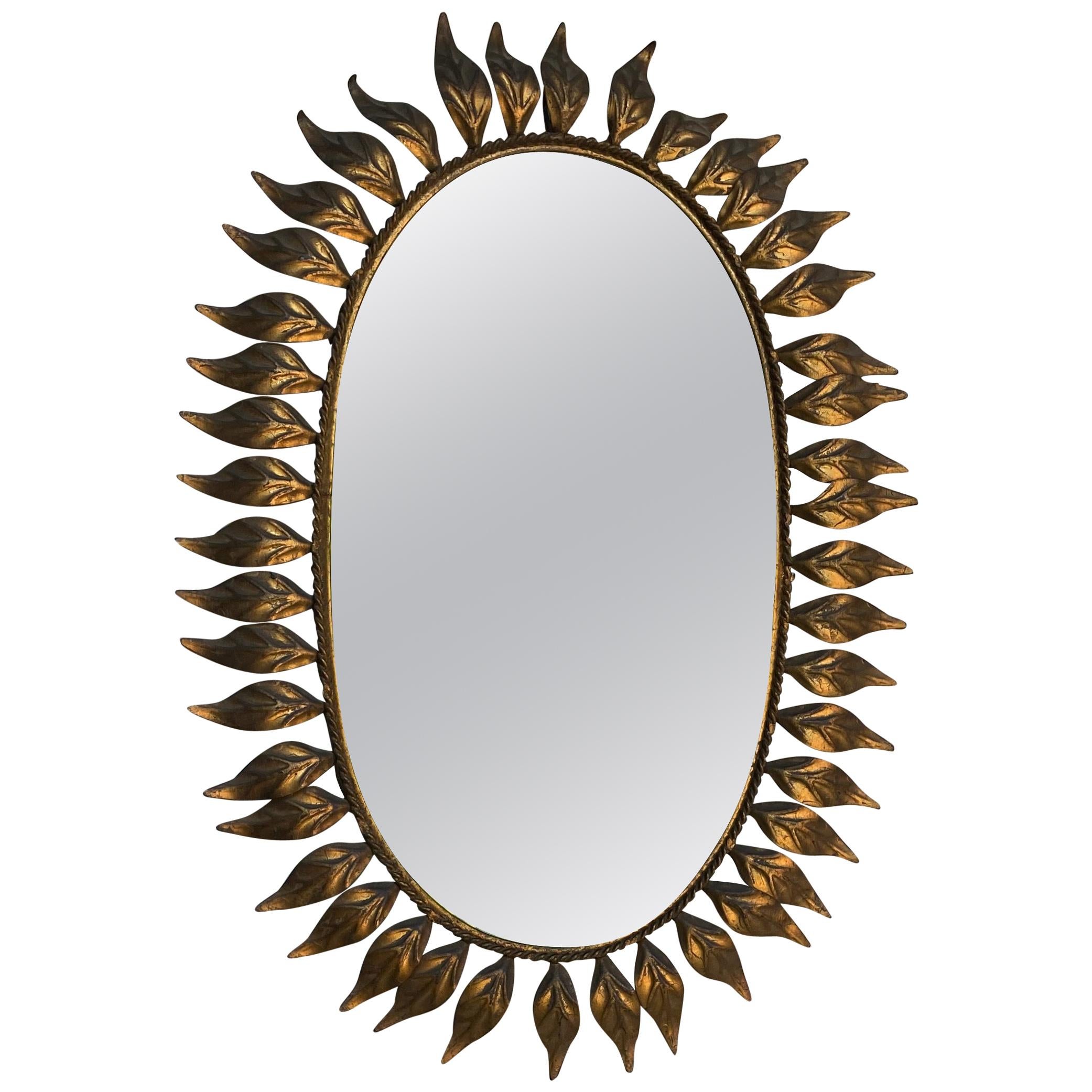 Spanish Oval Gilt Metal Sunburst Mirror with Curved Leaves