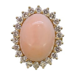 Oval Coral and Diamond Claw Set Cluster Ring Yellow Gold