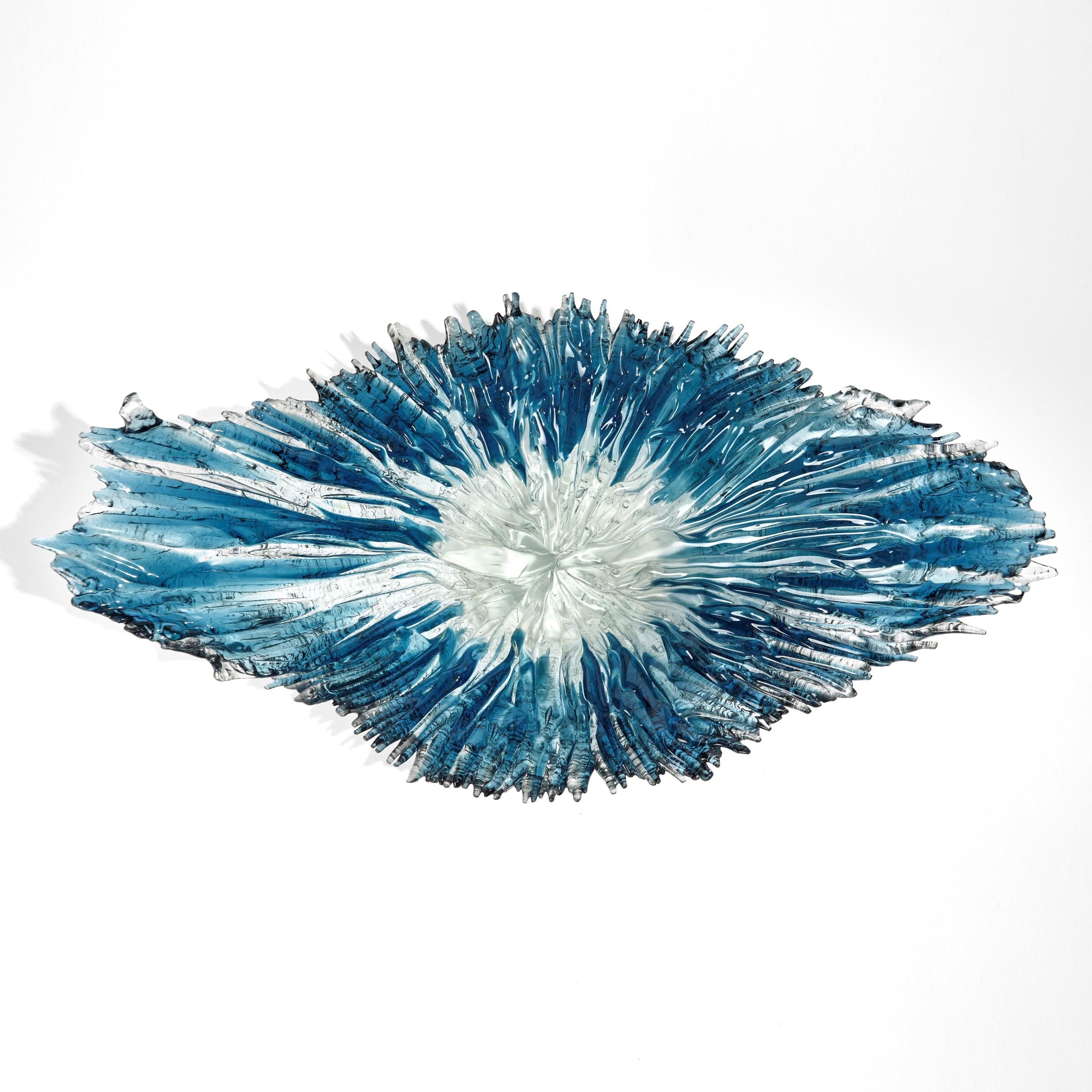 Hand-Crafted Oval Coral Bowl in Aqua, Turquoise & Clear Glass Centrepiece by Wayne Charmer