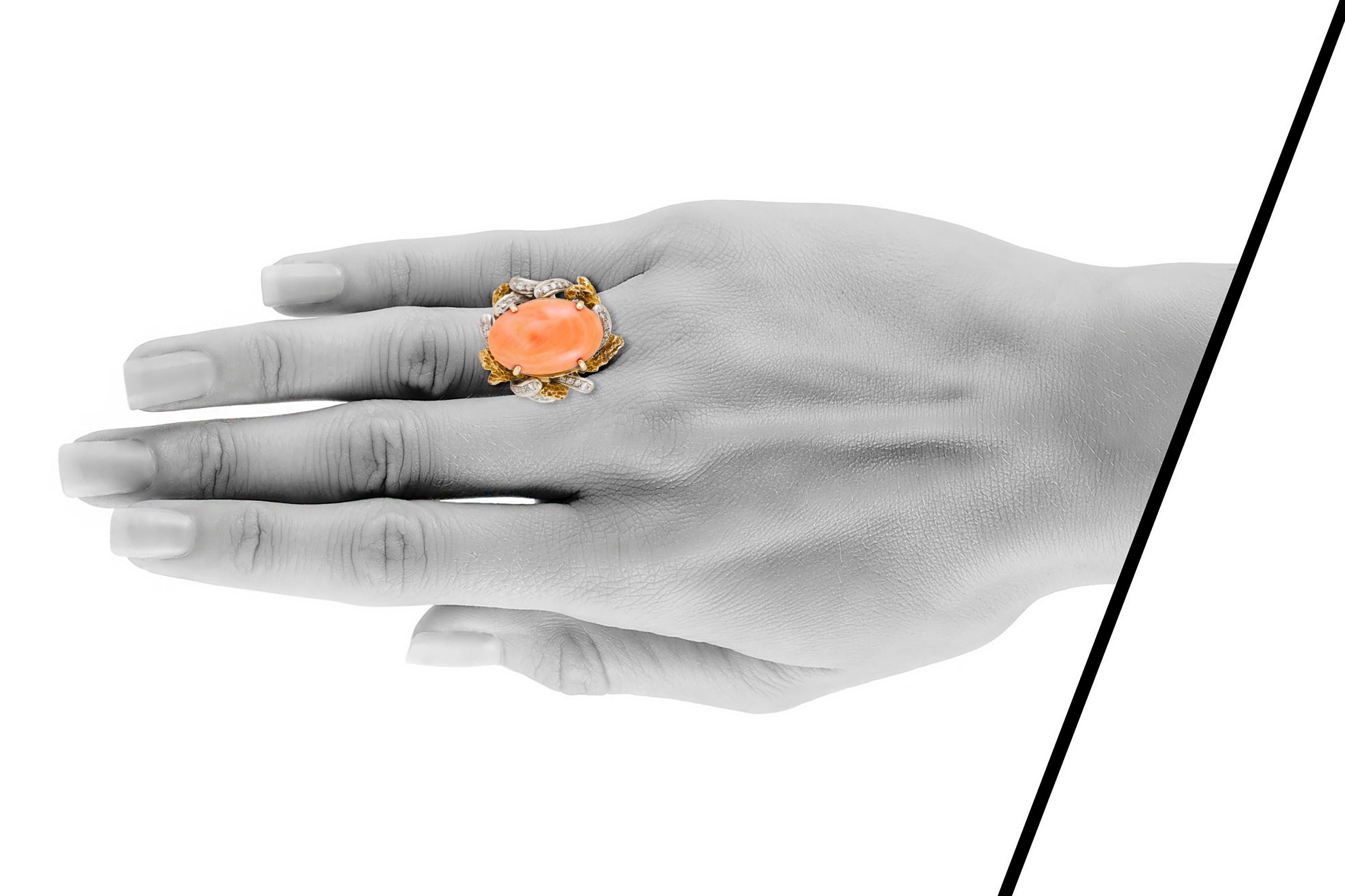 Oval Coral Cocktail Ring with Diamonds In Excellent Condition For Sale In New York, NY