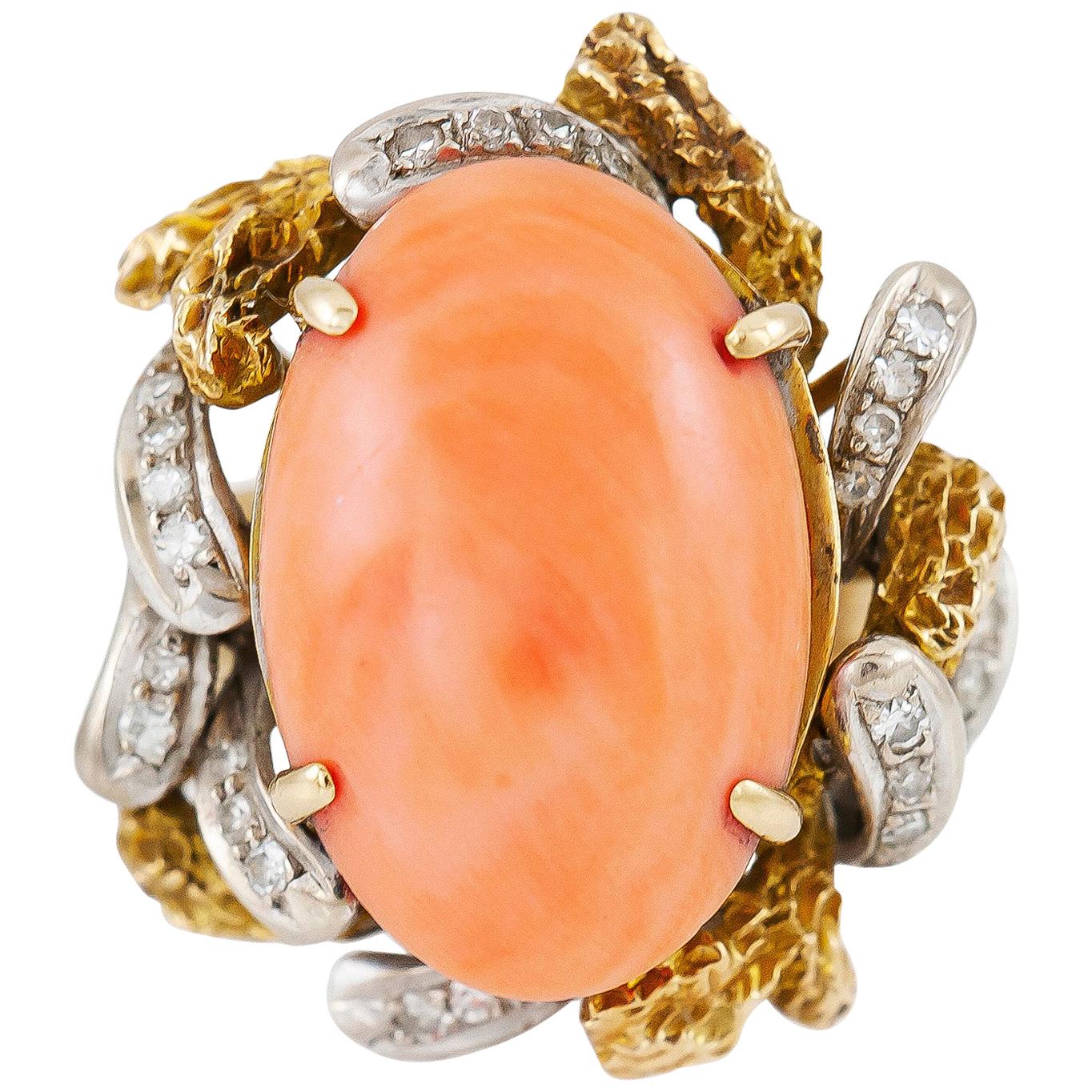 Oval Coral Cocktail Ring with Diamonds For Sale