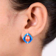 Oval Coral Diamond Turquoise Enamel Stud Earrings 14 Karat Rose Gold