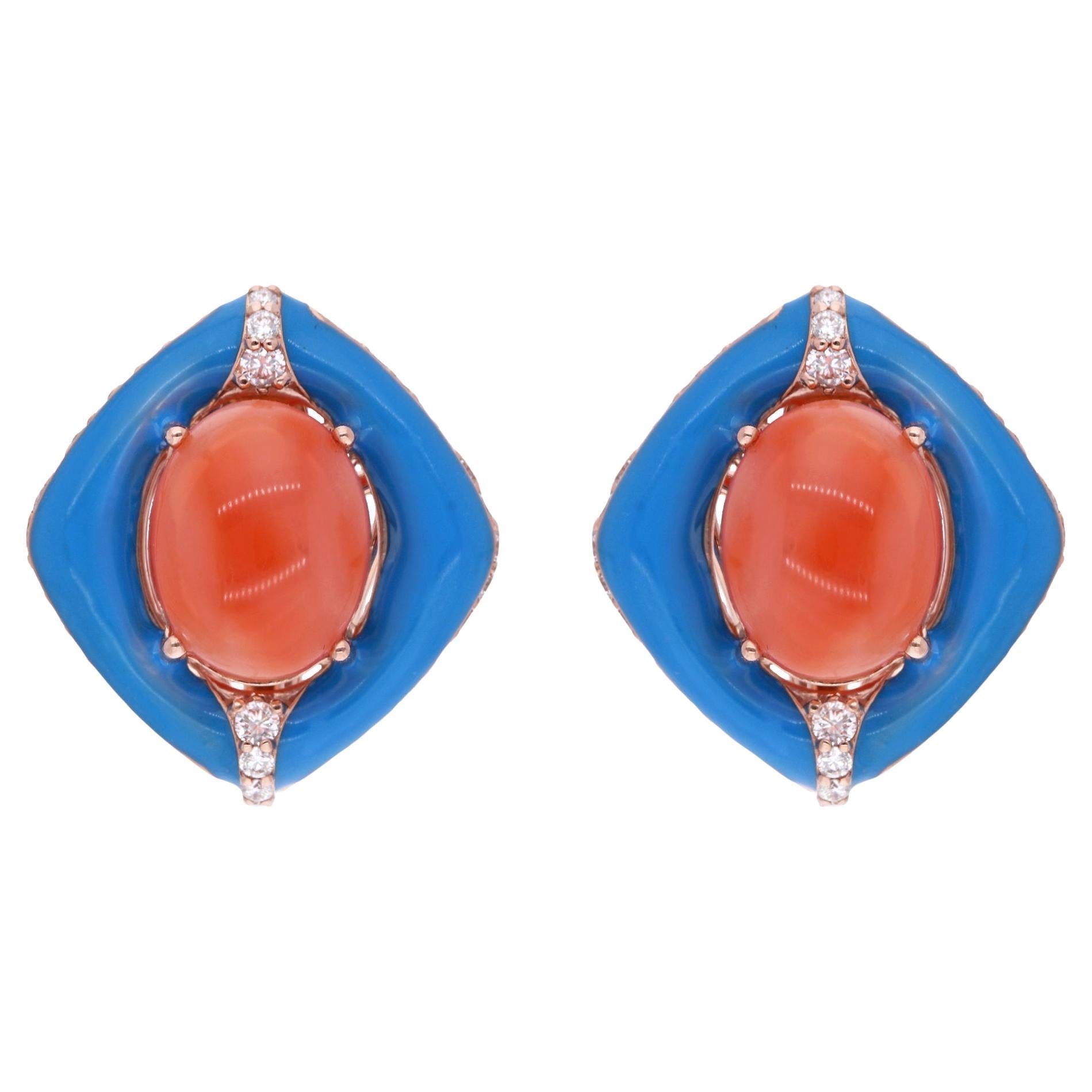 Oval Coral Diamond Turquoise Enamel Stud Earrings 14 Karat Rose Gold For Sale