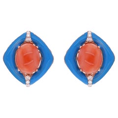Oval Coral Diamond Turquoise Enamel Stud Earrings 14 Karat Rose Gold