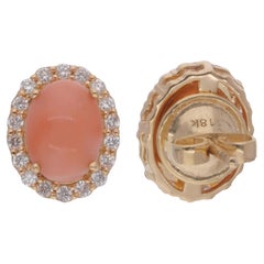Oval Coral Gemstone Diamond Halo Stud Earrings 18 Karat Yellow Gold