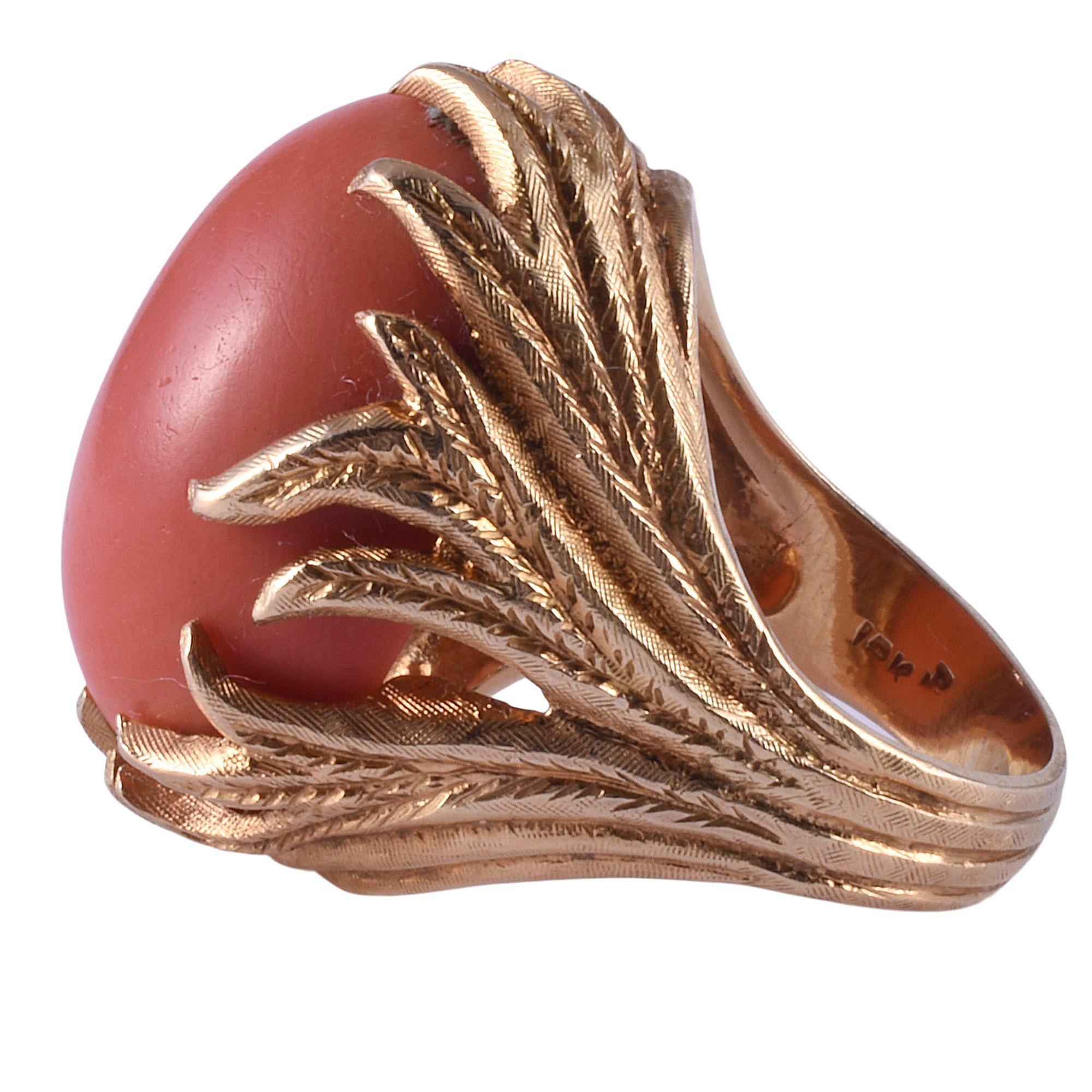 Oval Cut Oval Coral Ring in Hand Engraved Setting For Sale