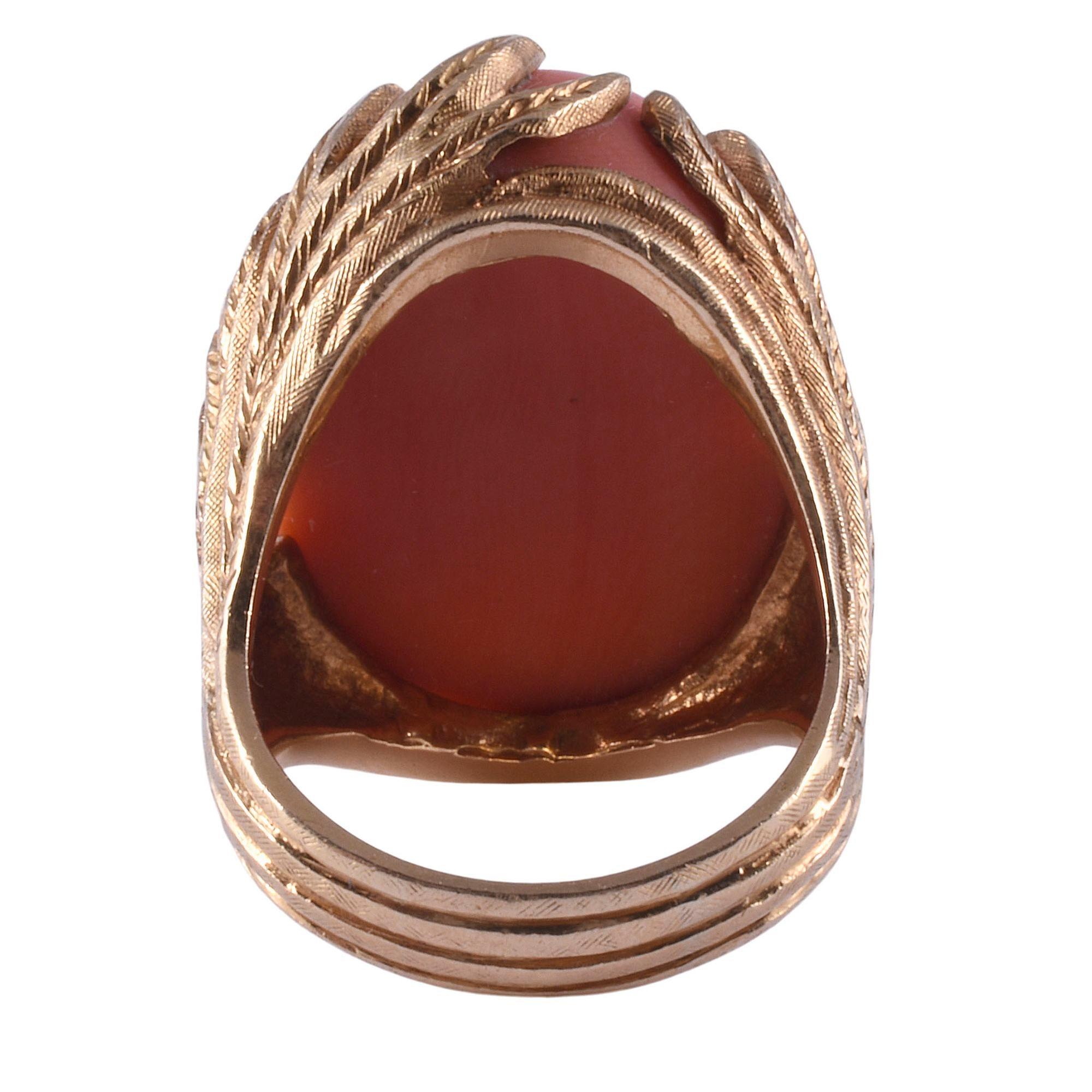 Oval Coral Ring in Hand Engraved Setting In Good Condition For Sale In Solvang, CA