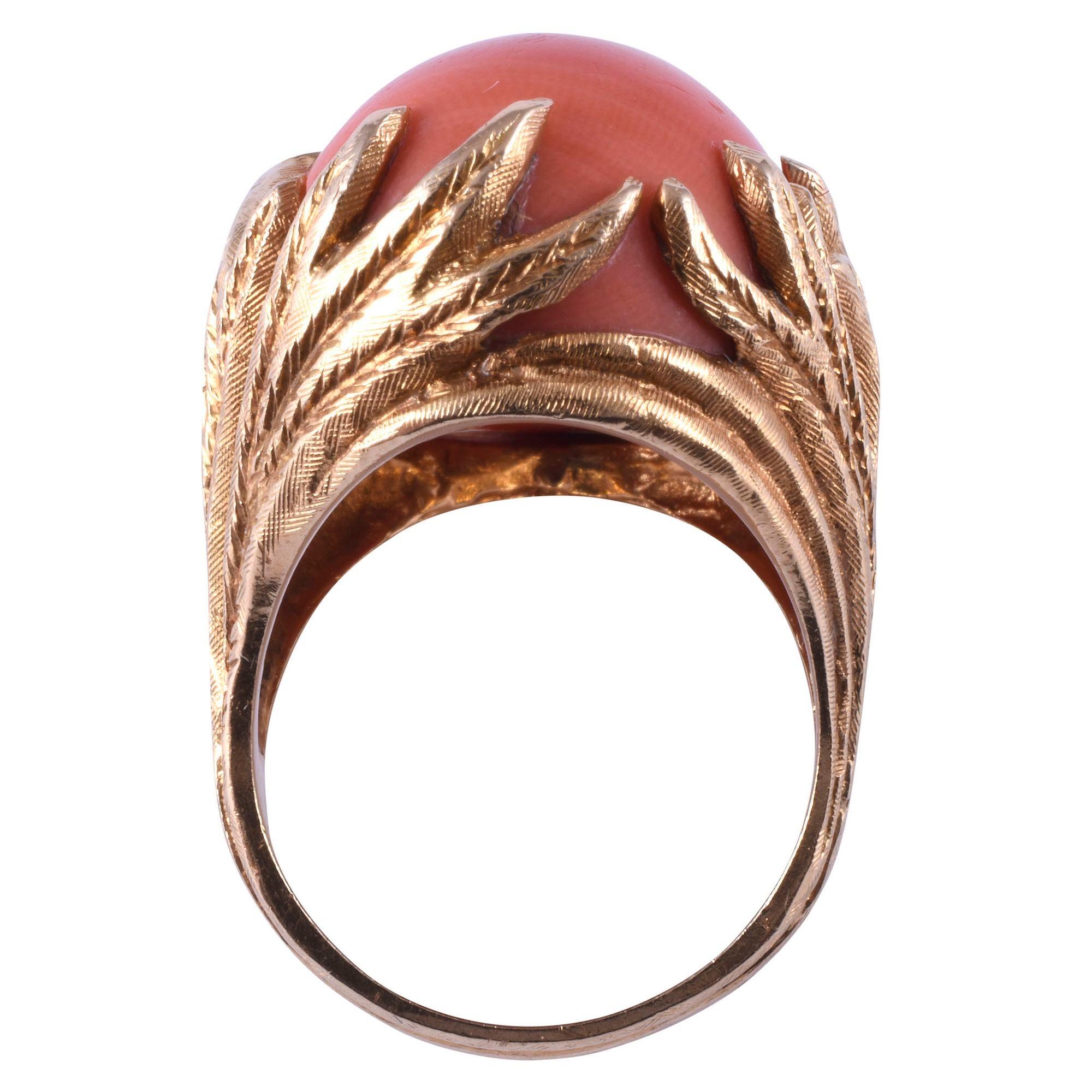 Women's Oval Coral Ring in Hand Engraved Setting For Sale